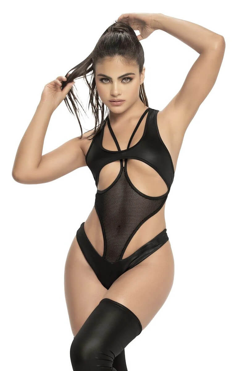 Lenjerie Body Wetlook din Piele Sintetica si Mesh Negru 2688 Mapale