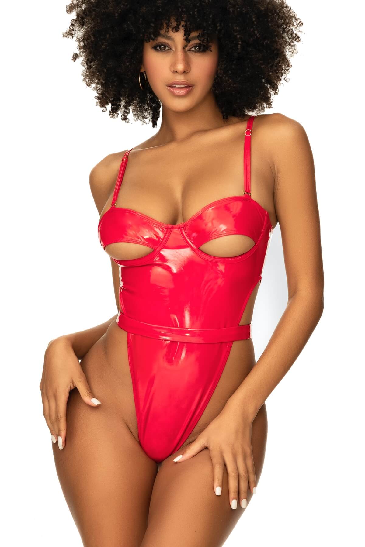 Body erotic de dama cu decupaj la sani din vinil lucios Abigail, Rosu