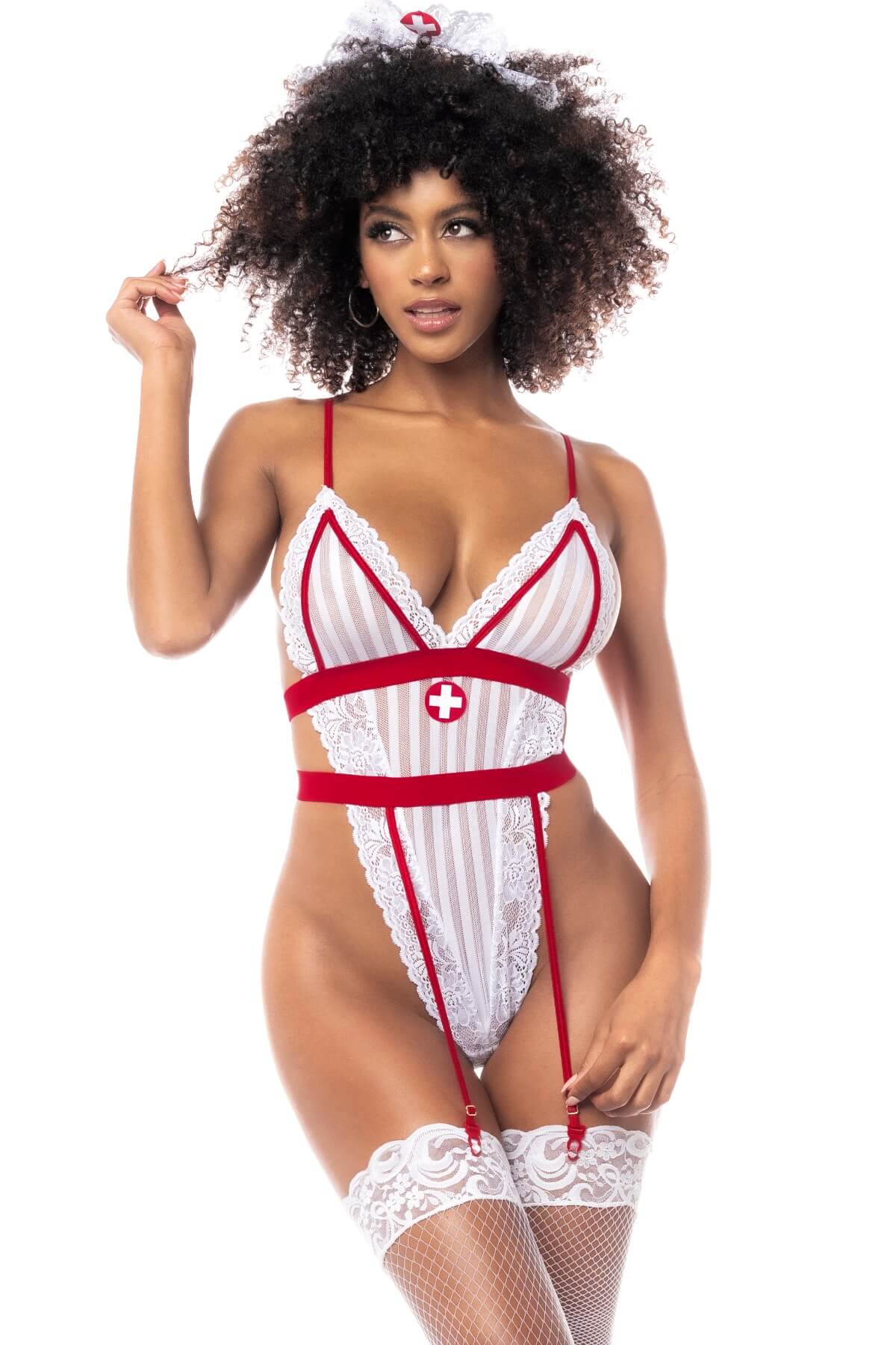 Costum de Asistenta Sexy tip Body Dantela si Jartiere Rosii