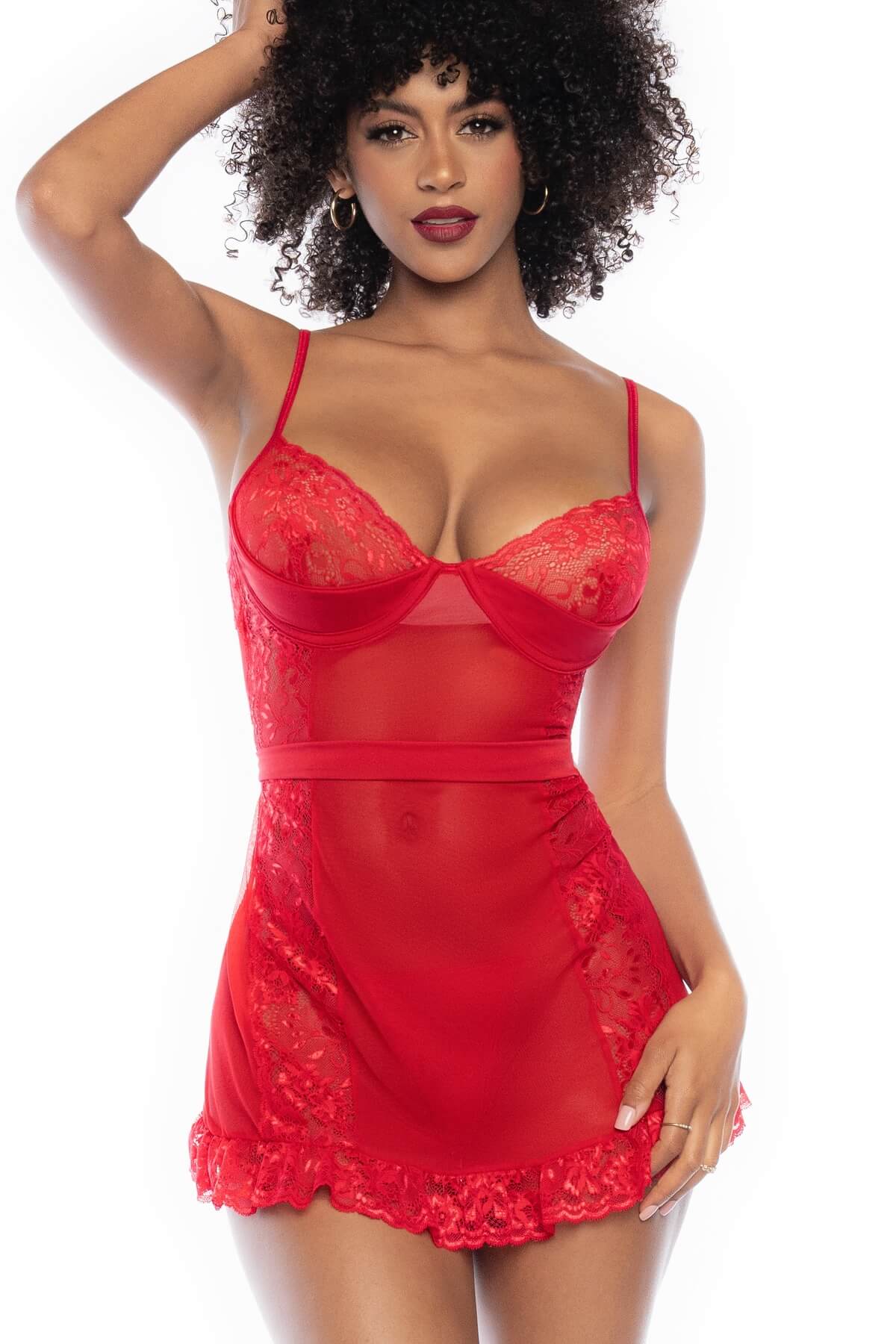 Lenjerie babydoll de dama realizata din material usor transparent cu dantela avand un decupaj la spate - Ruth, Rosu