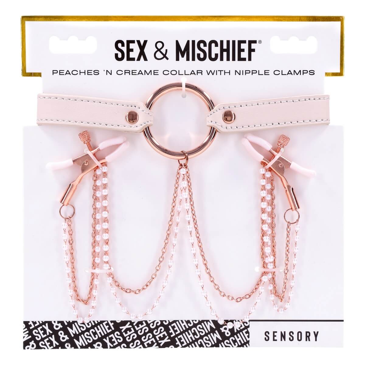 Colier din piele vegana piersica si cleme pentru sfarcuri cu lantisoare roz Peaches'n Creame prezentare