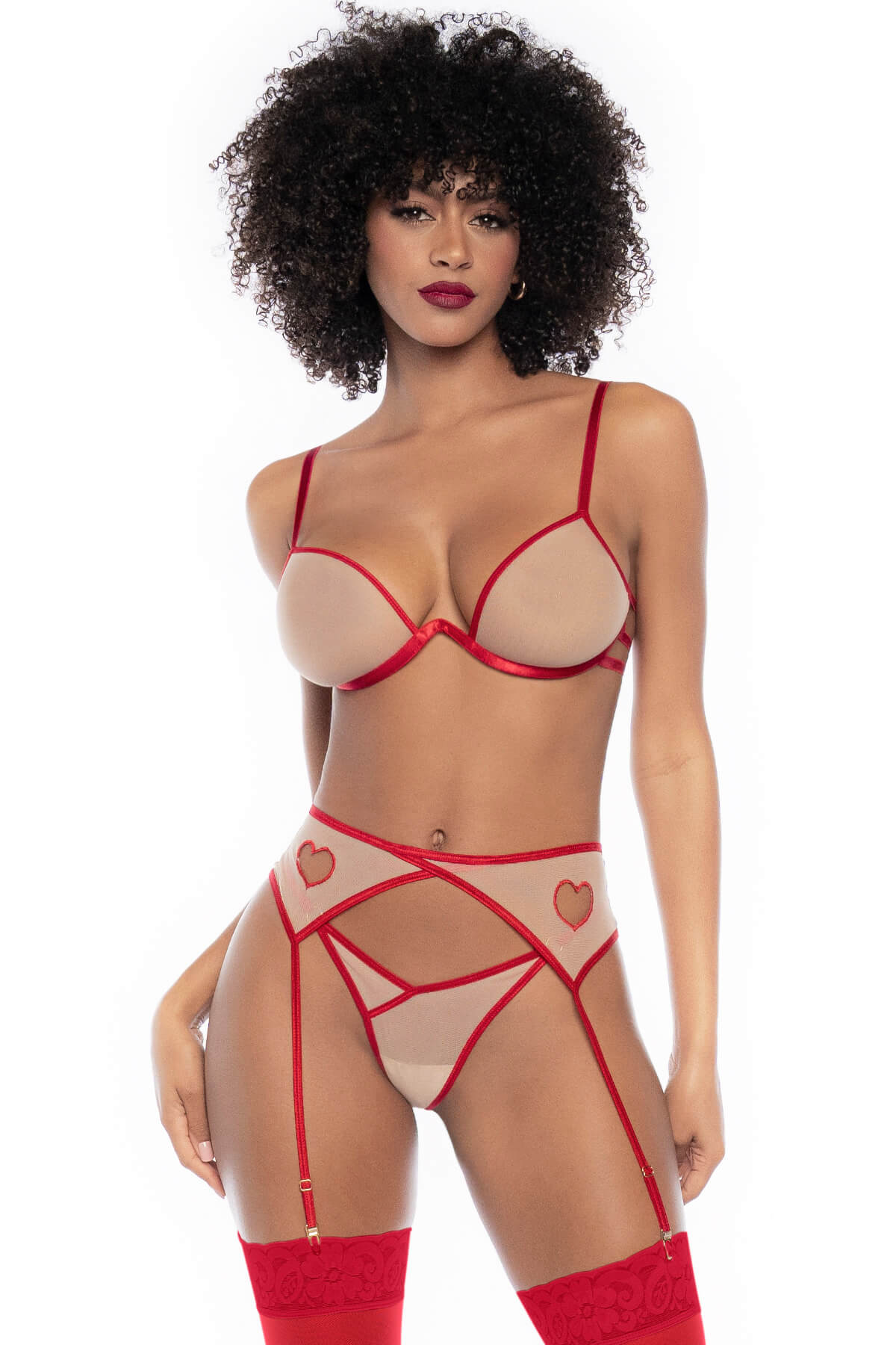 Set lenjerie sexy 3 piese din mesh nude Bonnie si dresuri rosii