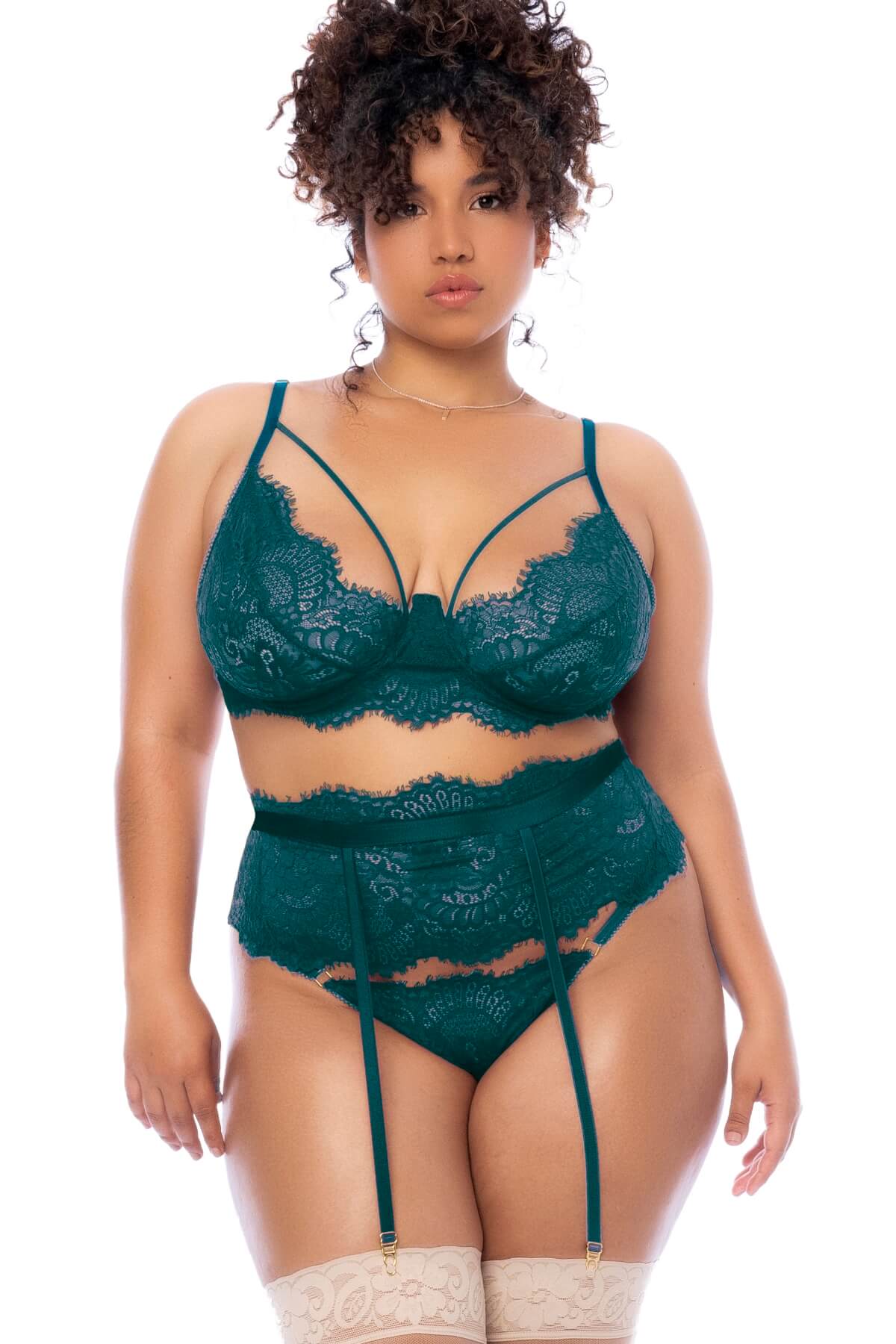 set lenjerie 3 piese plus-size din dantela verde Forever Love, Mapale
