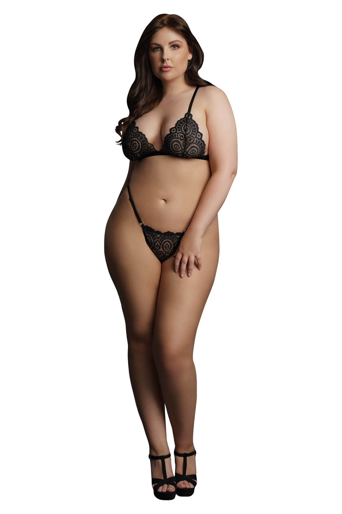 Set Sexy de Lenjeri Intima Plus-Size Magic Lace, Negru, Model Fata
