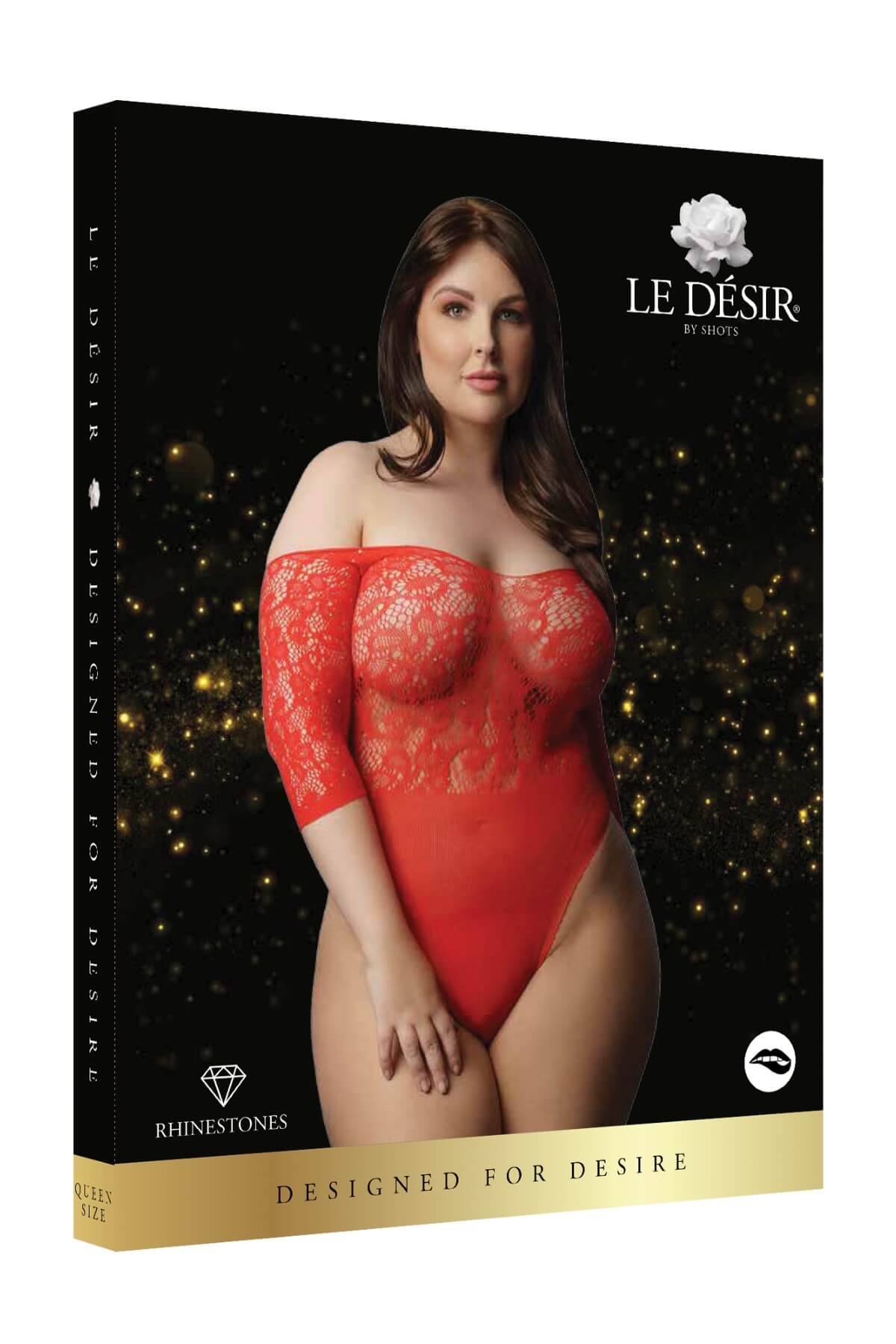 Body Erotic Plus-Size din plasa elastica cu strasuri Rhinestone, Rosu, Box