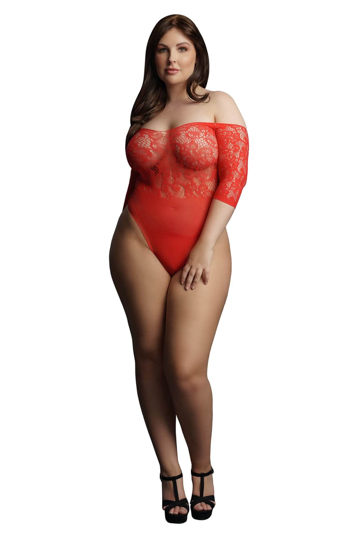 Body Erotic Plus-Size din plasa elastica cu strasuri Rhinestone, Rosu, Fata