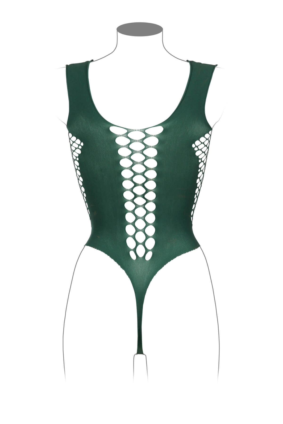 Body erotic din plasa cu model ochiuri mari la decolteu DES019, Verde Kaki, Lenjerie Spate