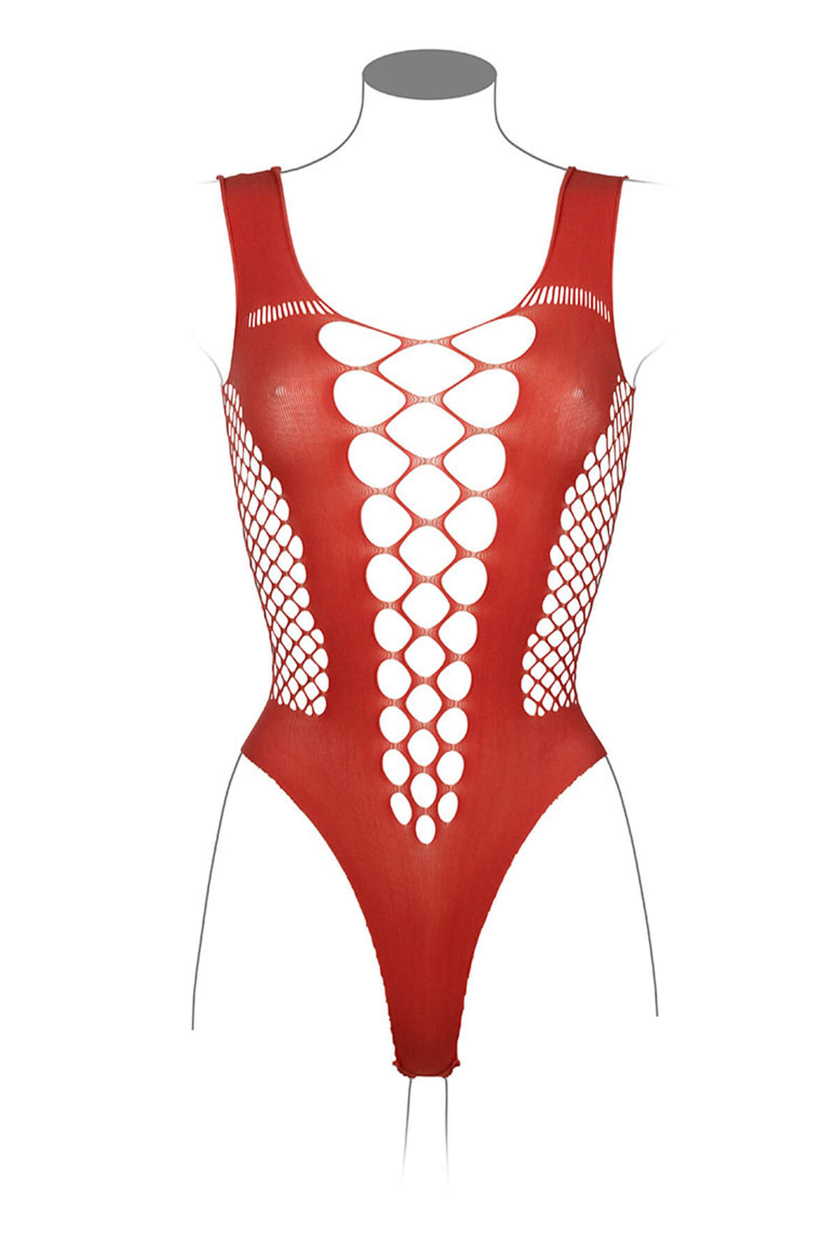 Body erotic din plasa cu model ochiuri mari la decolteu DES019, Rosu Coral, Lenjerie Fata