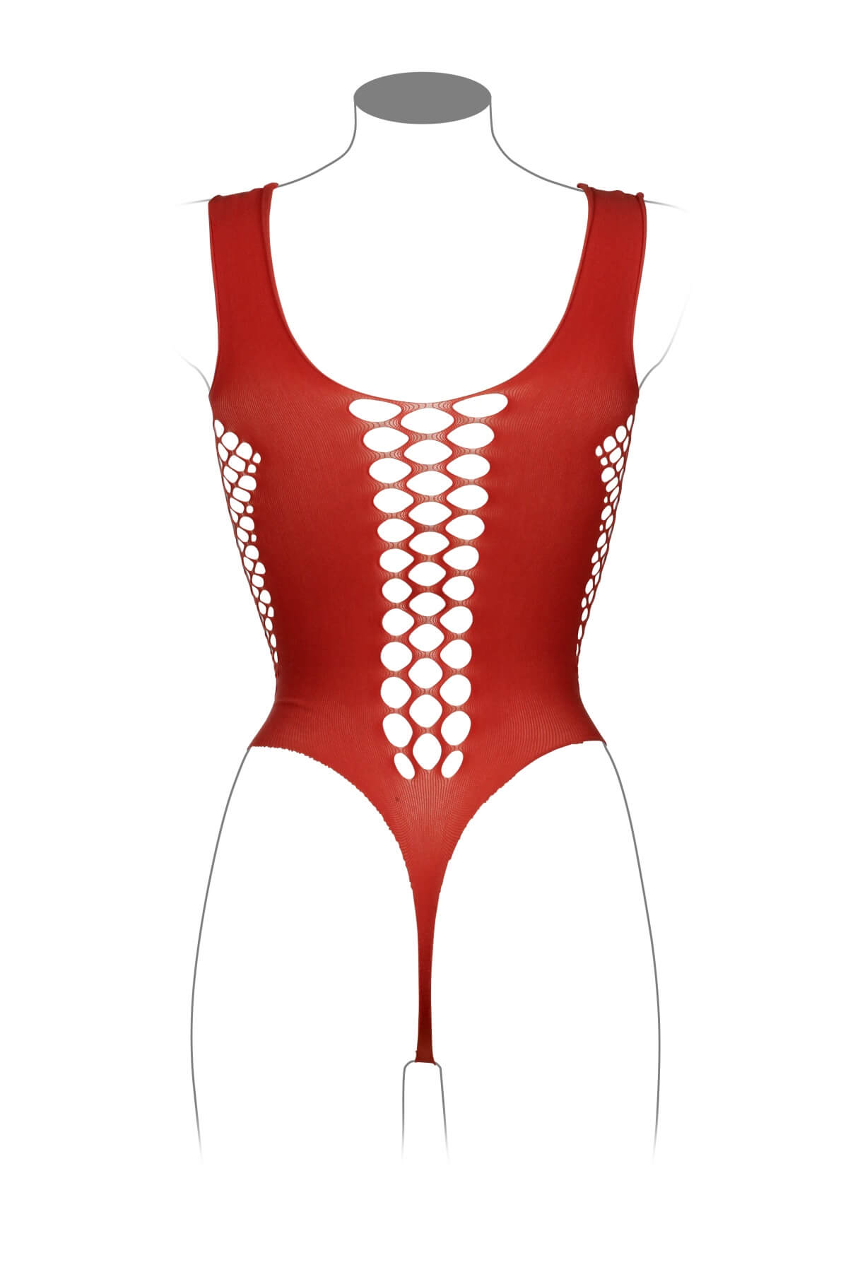 Body erotic din plasa cu model ochiuri mari la decolteu DES019, Rosu Coral, Lenjerie Spate