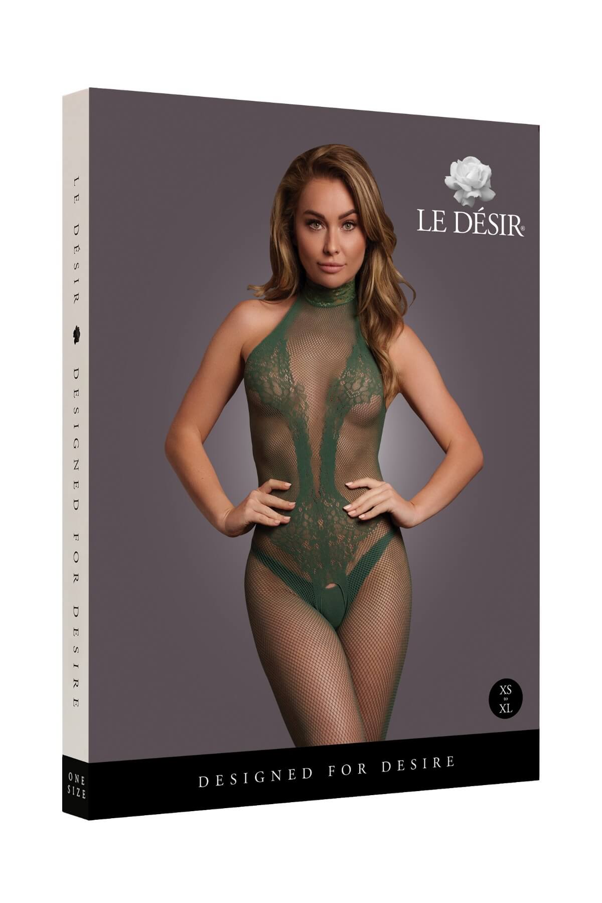 Bodystocking sexy cu model pe gat din dantela si plasa DES026, Verde Kaki, Boxed