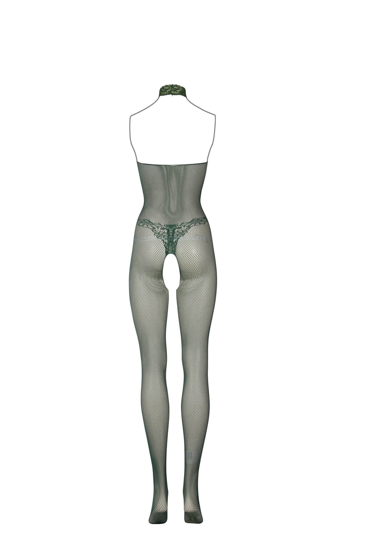 Bodystocking sexy cu model pe gat din dantela si plasa DES026, Verde Kaki, spate