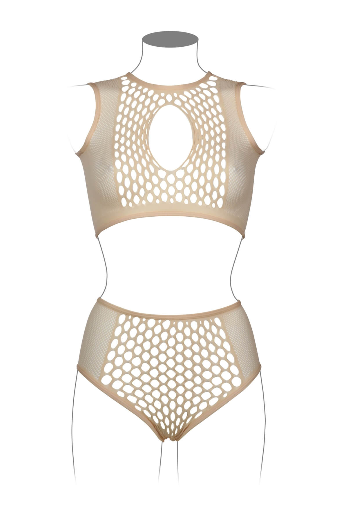 Set erotic din material plasa cu ochiuri mari din 2 piese - bustiera si chilot talie inalta - DES027, Bej, Fata