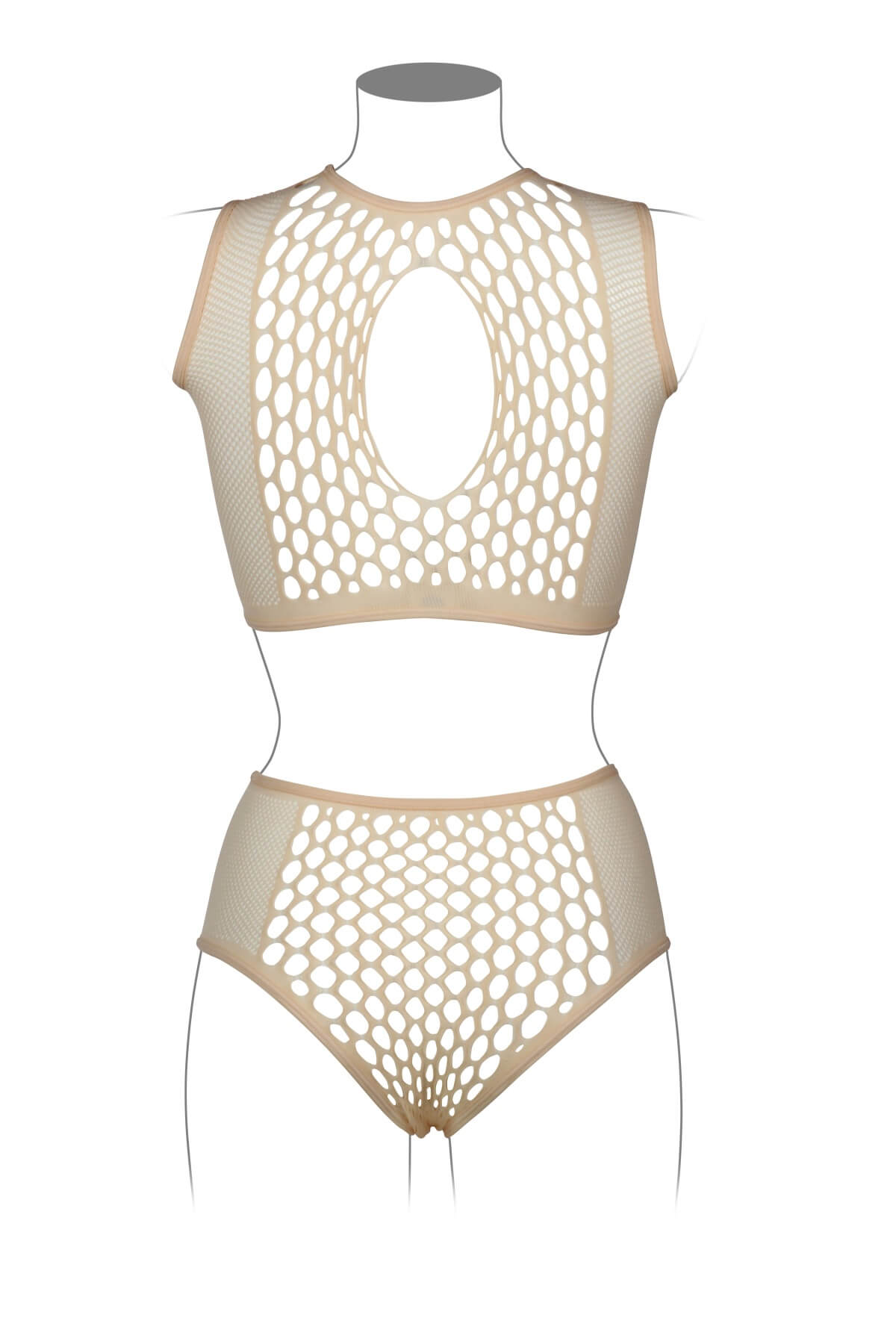 Set erotic din material plasa cu ochiuri mari din 2 piese - bustiera si chilot talie inalta - DES027, Bej, Spate