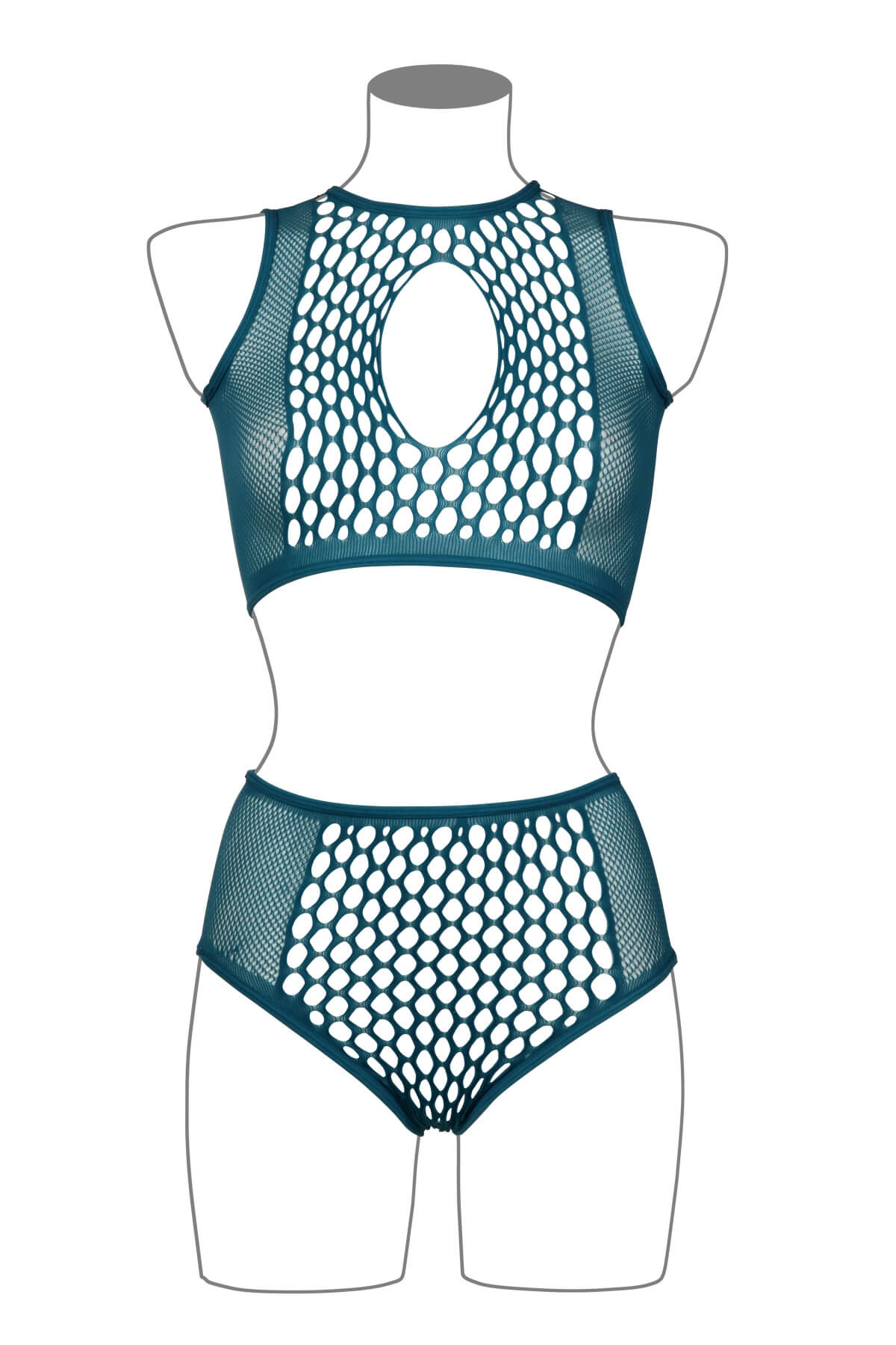 Set erotic din material plasa cu ochiuri mari din 2 piese - bustiera si chilot talie inalta - DES027, Bej, Fata