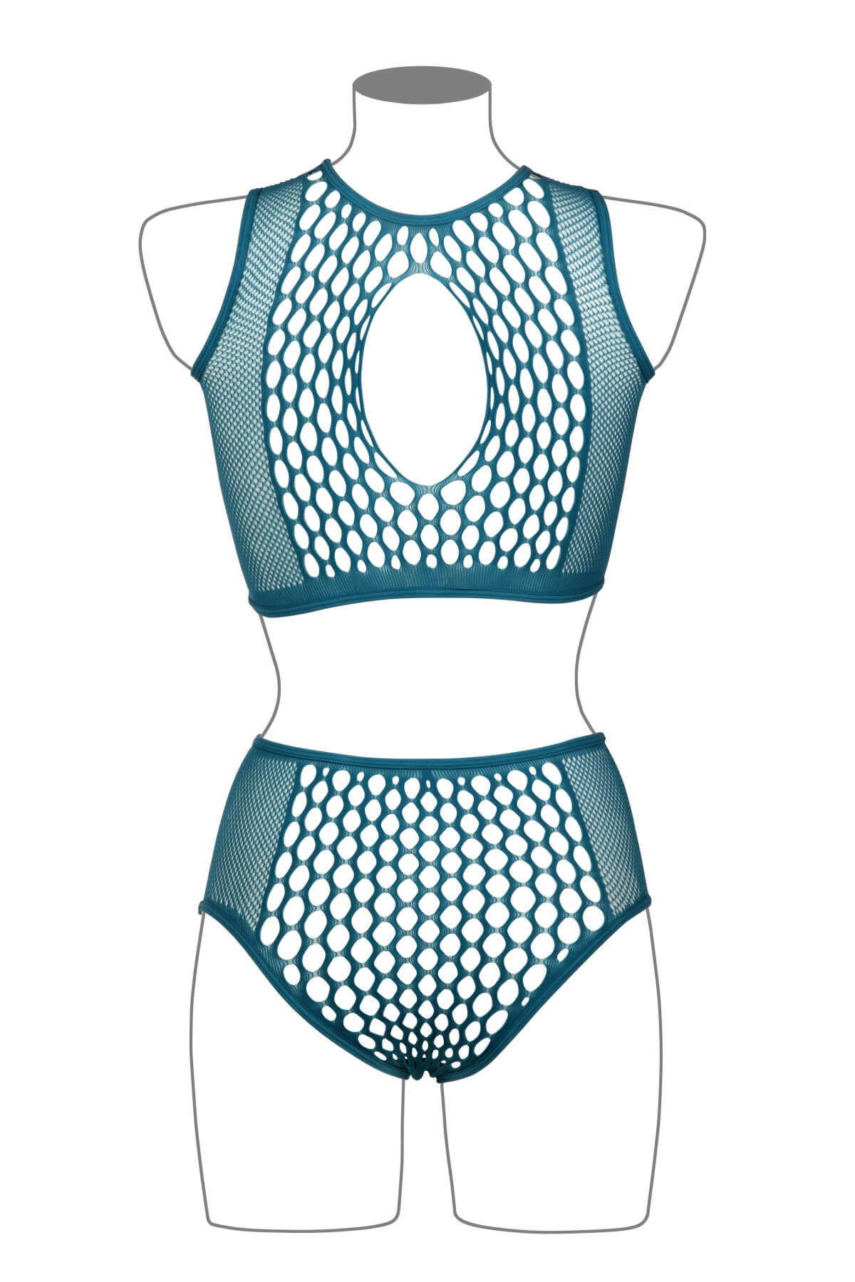 Set erotic din material plasa cu ochiuri mari din 2 piese - bustiera si chilot talie inalta - DES027, Bej, Spate