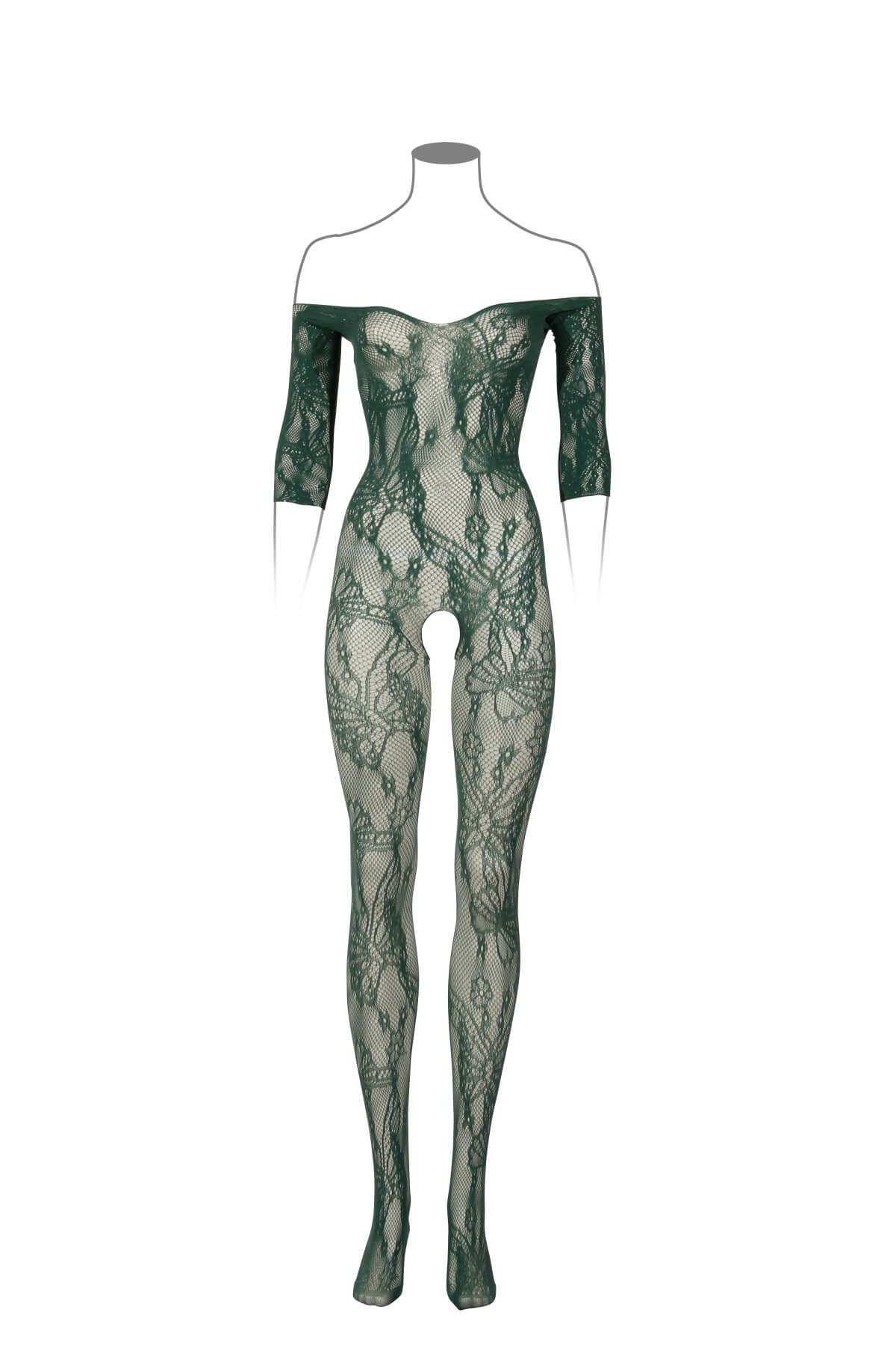 Catsuit din material plasa cu umeri goi DES033, Verde Kaki, Fata