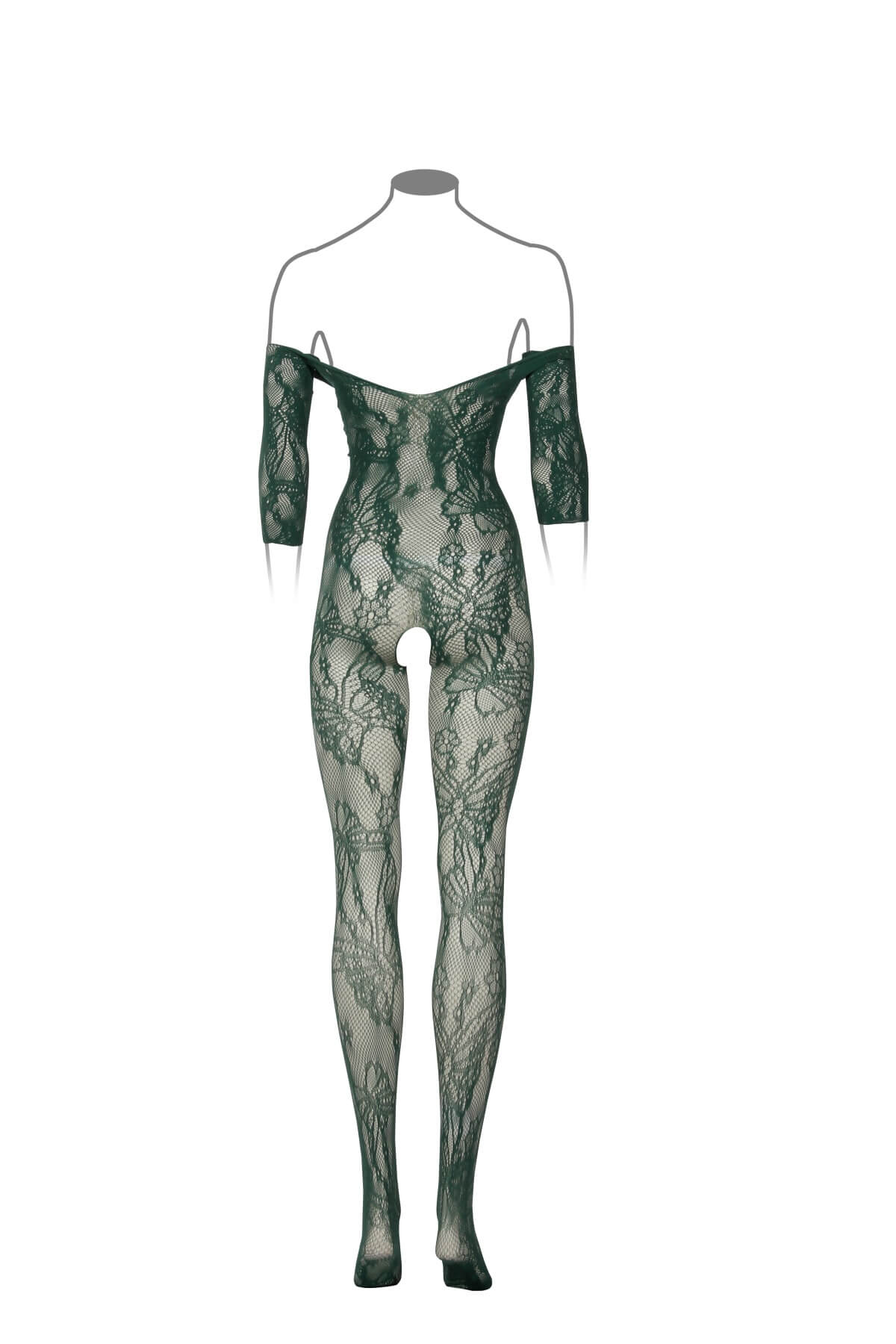 Catsuit din material plasa cu umeri goi DES033, Verde Kaki, Spate