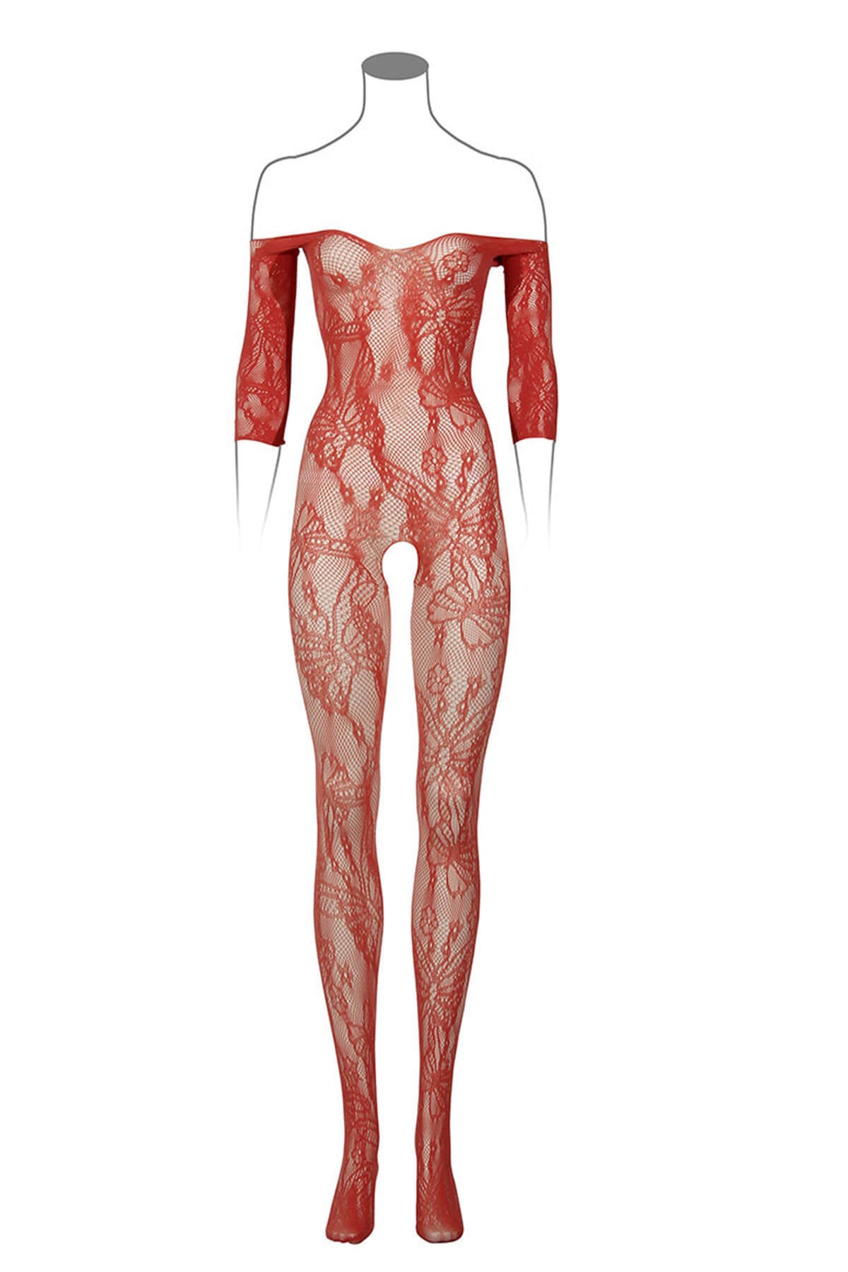 Catsuit din material plasa cu umeri goi DES033, Rosu Coral, Fata