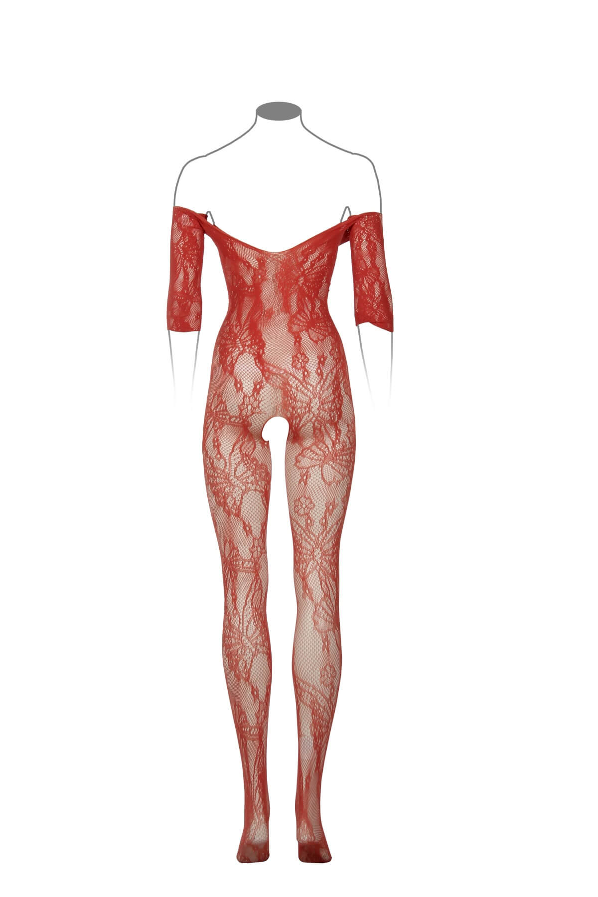 Catsuit din material plasa cu umeri goi DES033, Rosu Coral, Spate