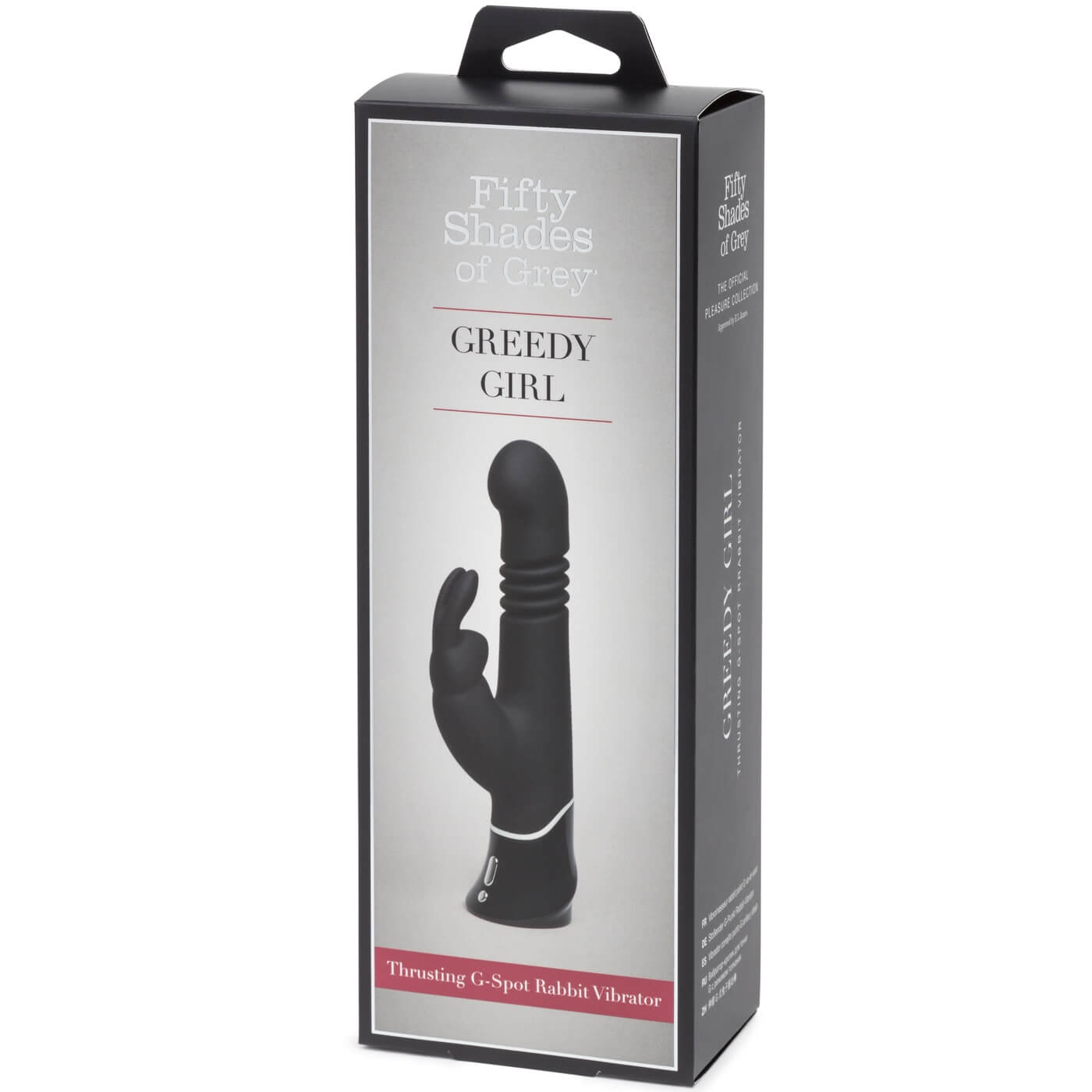 Greedy Girl G-Spot Rabbit Vibrator – Fifty Shades of Grey - Vibrator puternic cu funcție de împingere sus și jos, cu vibrații pentru clitoris și vârf curbat pentru stimulare punctul G - box