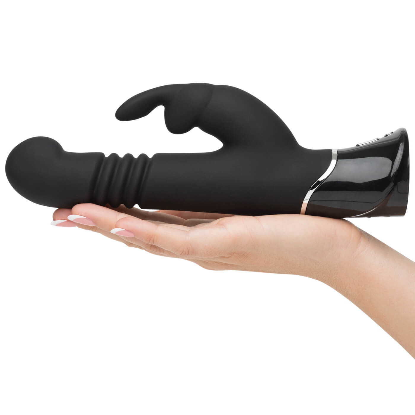 Greedy Girl G-Spot Rabbit Vibrator – Fifty Shades of Grey - Vibrator puternic cu funcție de împingere sus și jos, cu vibrații pentru clitoris și vârf curbat pentru stimulare punctul G - în mână