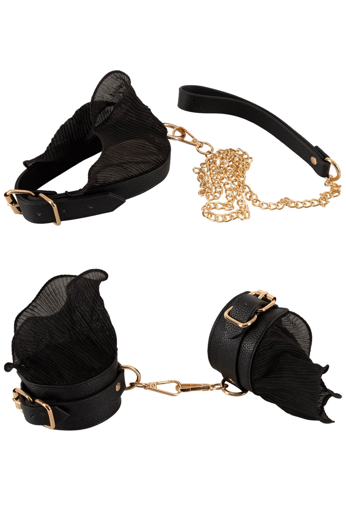 Set de accesorii erotice BDSM Lace & Leather – Choker, Lesă și Cătușe Elegante - din piele vegană și dantelă - zoom