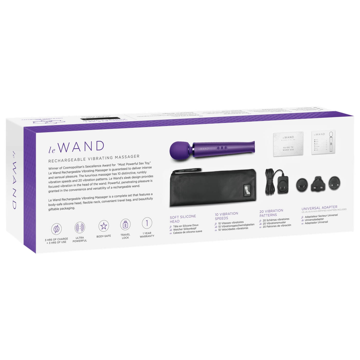 Vibrator wand pentru masaj sau stimulare Le Wand Rechargeable Vibrating Massager ideal pentru sesiuni solo sau in cuplu - box back