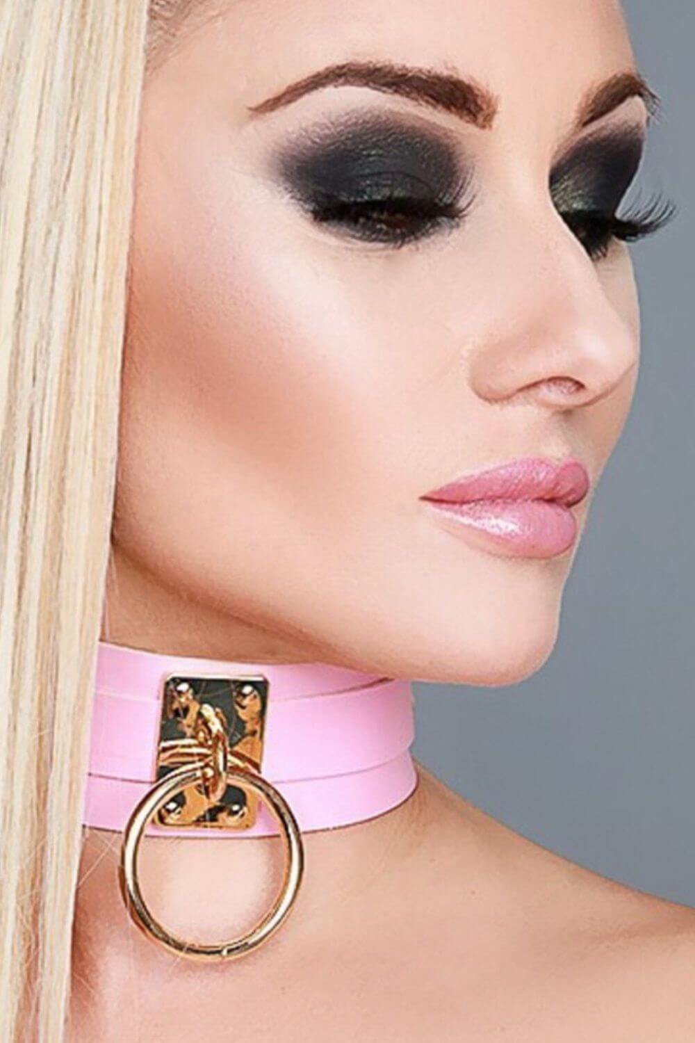 Colier choker din piele vegana cu inel metalic mare Collar Me!, roz 3