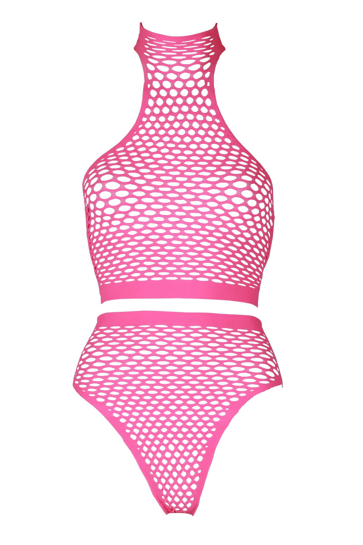set din plasa elastica de culoare roz neon compus din top si chilot prezentare fata