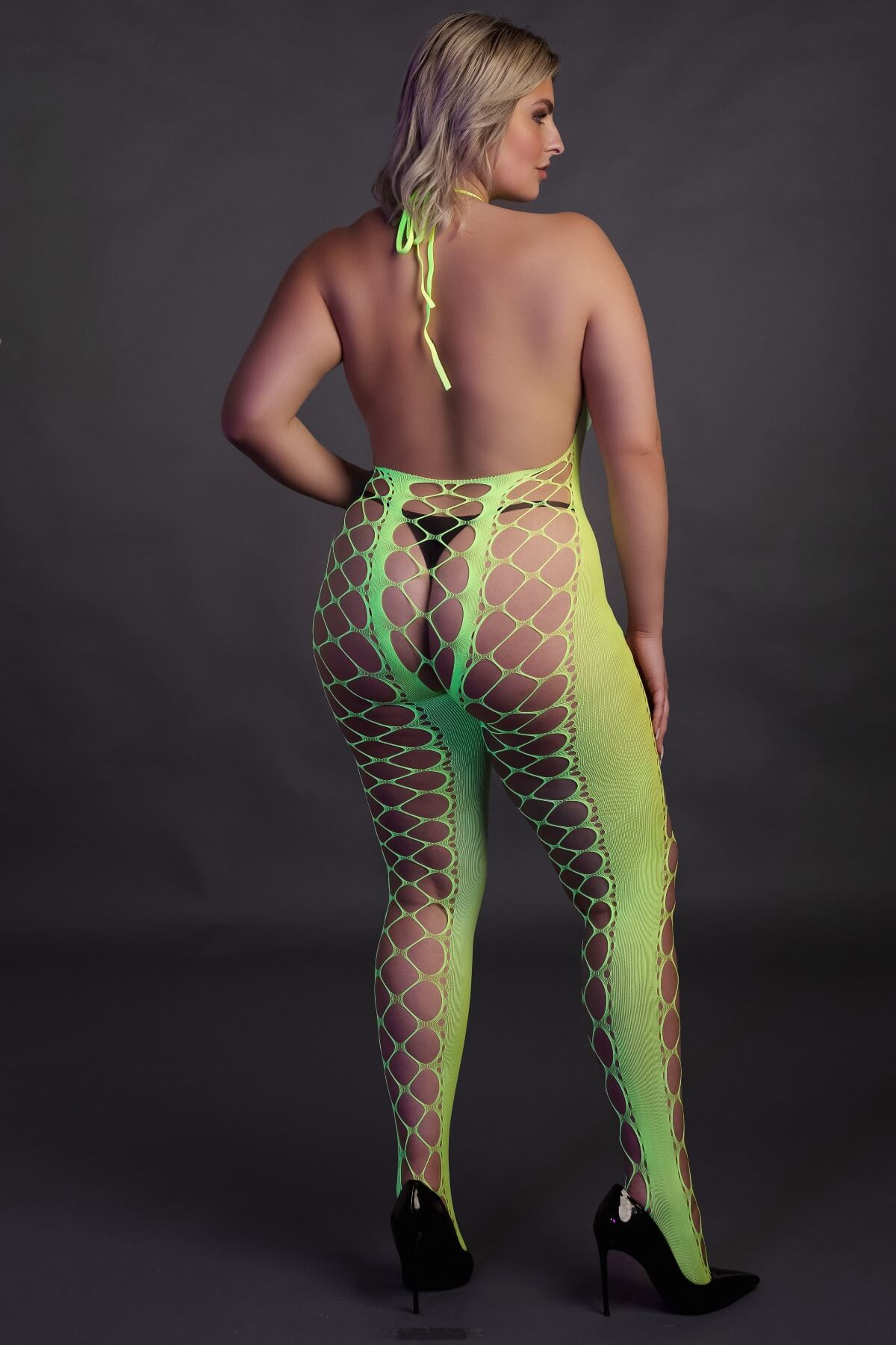 bodystocking din plasa elastica verde neon cu decupaje provocatoare in marime plus size cu spate gol OU835