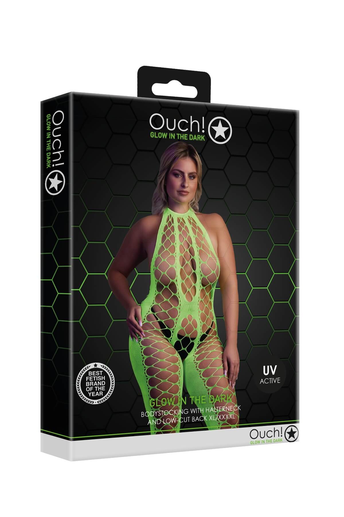 bodystocking din plasa elastica verde neon cu decupaje provocatoare in marime plus size OU835 cutie