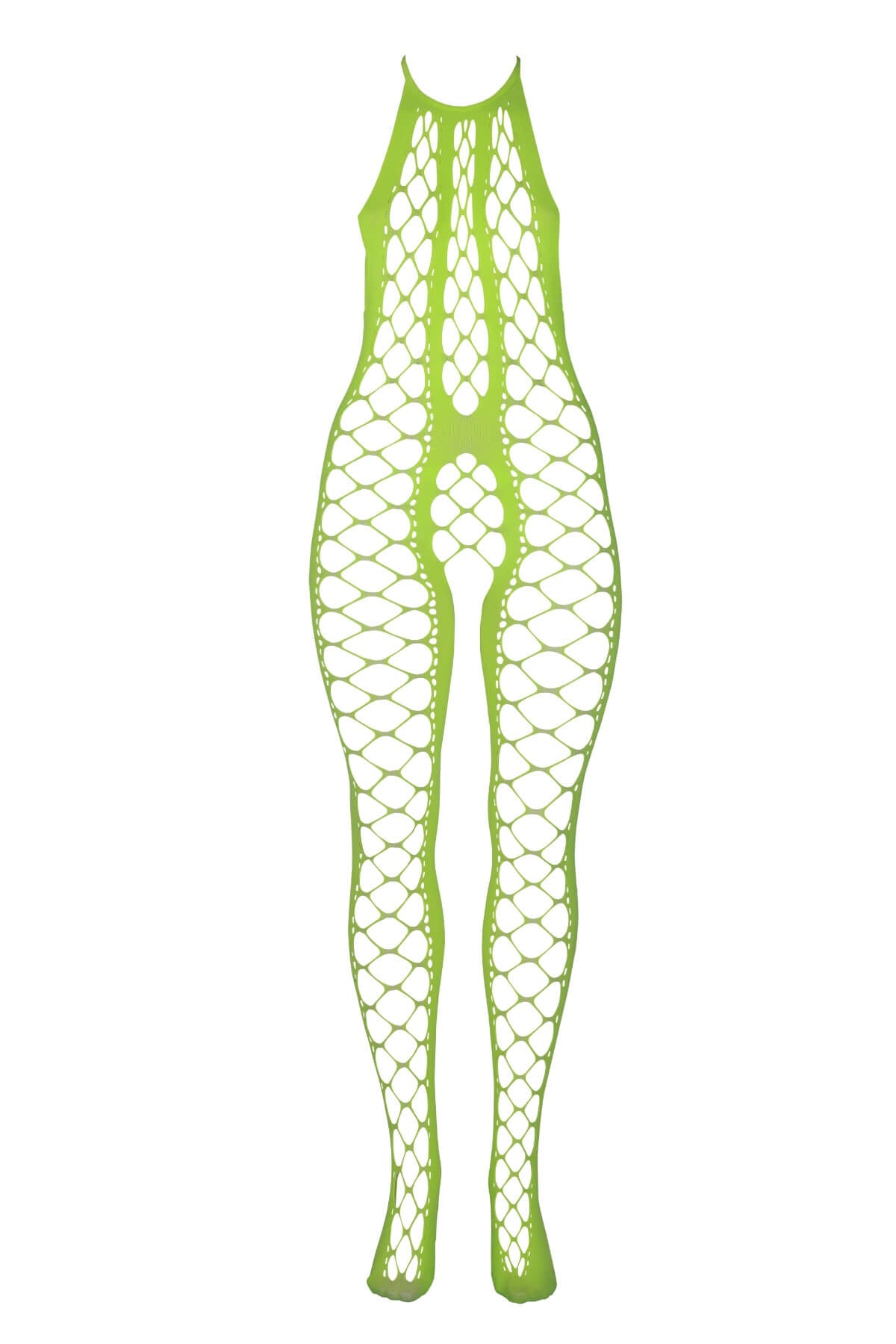 bodystocking din plasa elastica verde neon cu decupaje provocatoare in marime plus size OU835 fata