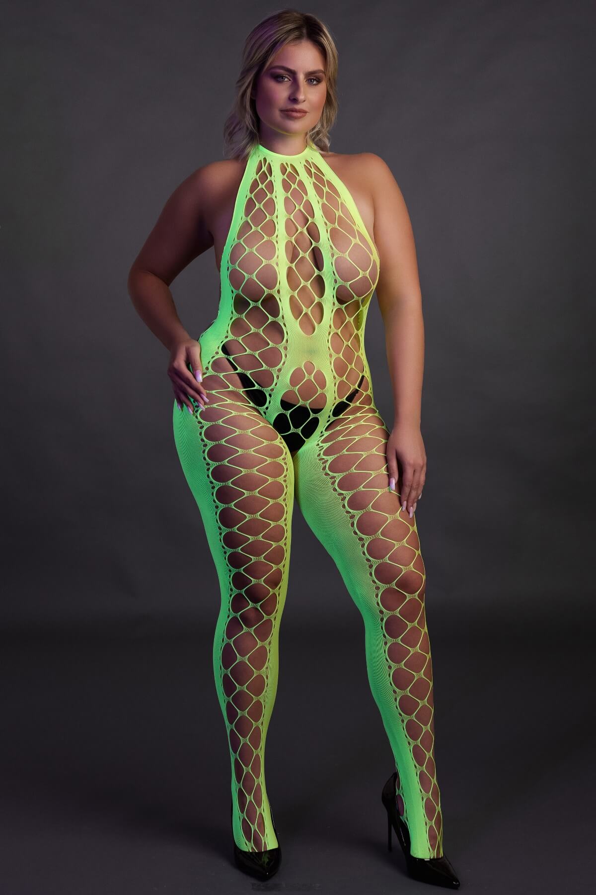 bodystocking din plasa elastica verde neon cu decupaje provocatoare in marime plus size OU835