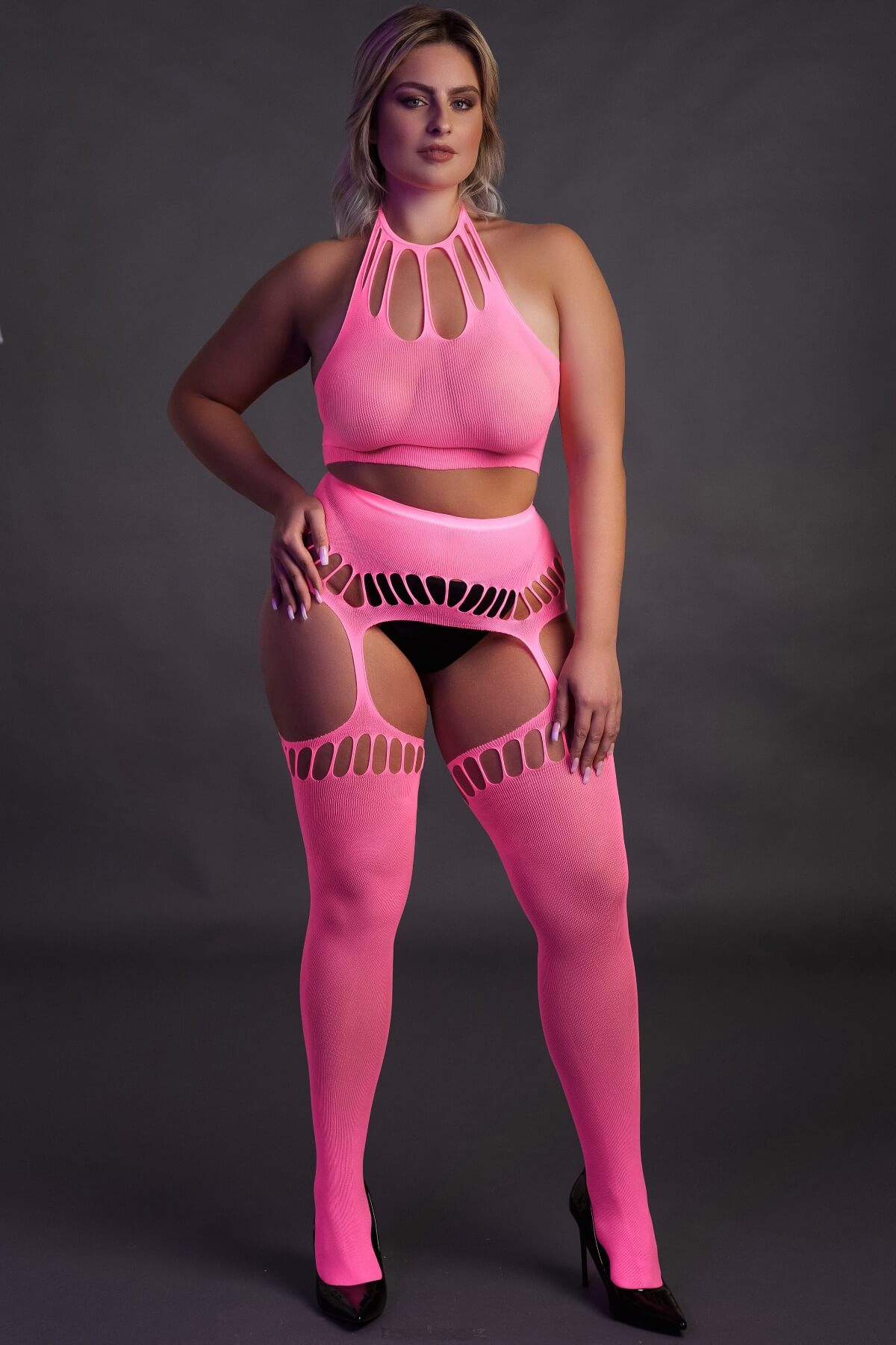 Set erotic fishnet plus size din plasa elastica roz neon OU838