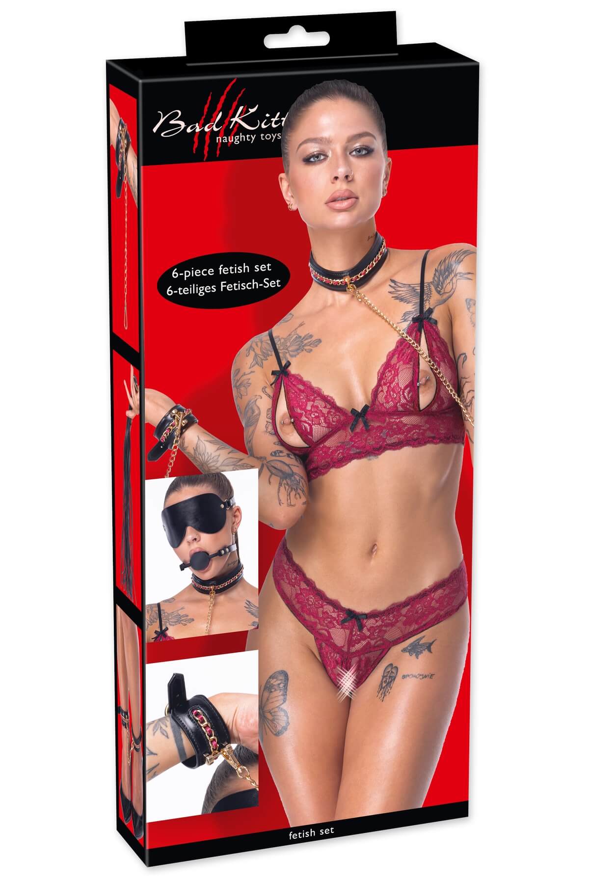 Set BDSM de lux Obey Me cu 6 accesorii erotice - din piele vegană culoare neagra și mov cu accesorii metalice - box