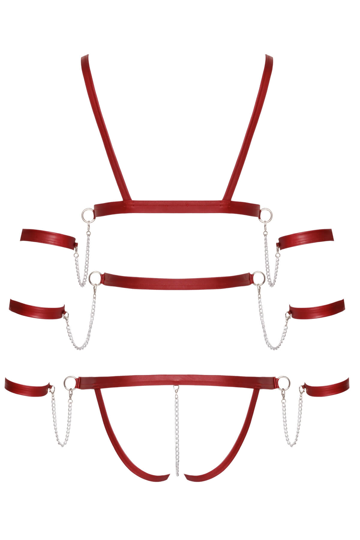 Body erotic BDSM din piele vegană Strapped for Sin - cu lanțuri, cupe cu capse și 6 cătușe detașabile - ghost back