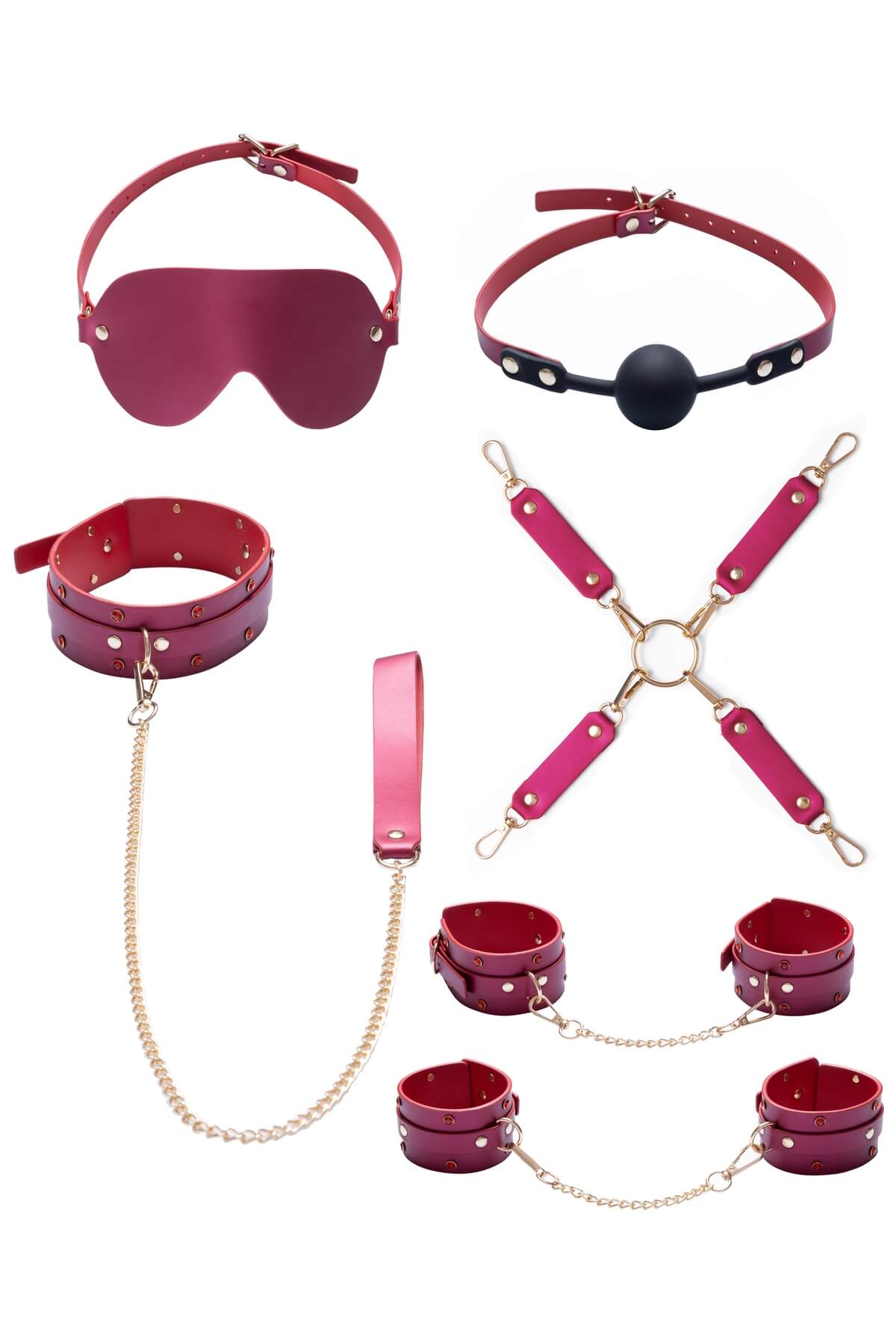 Set BDSM de lux Tie Me Down cu 6 accesorii fetiș - din piele vegană culoare neagra și perla roz cu accesorii aurii și ștrasuri - în detaliu