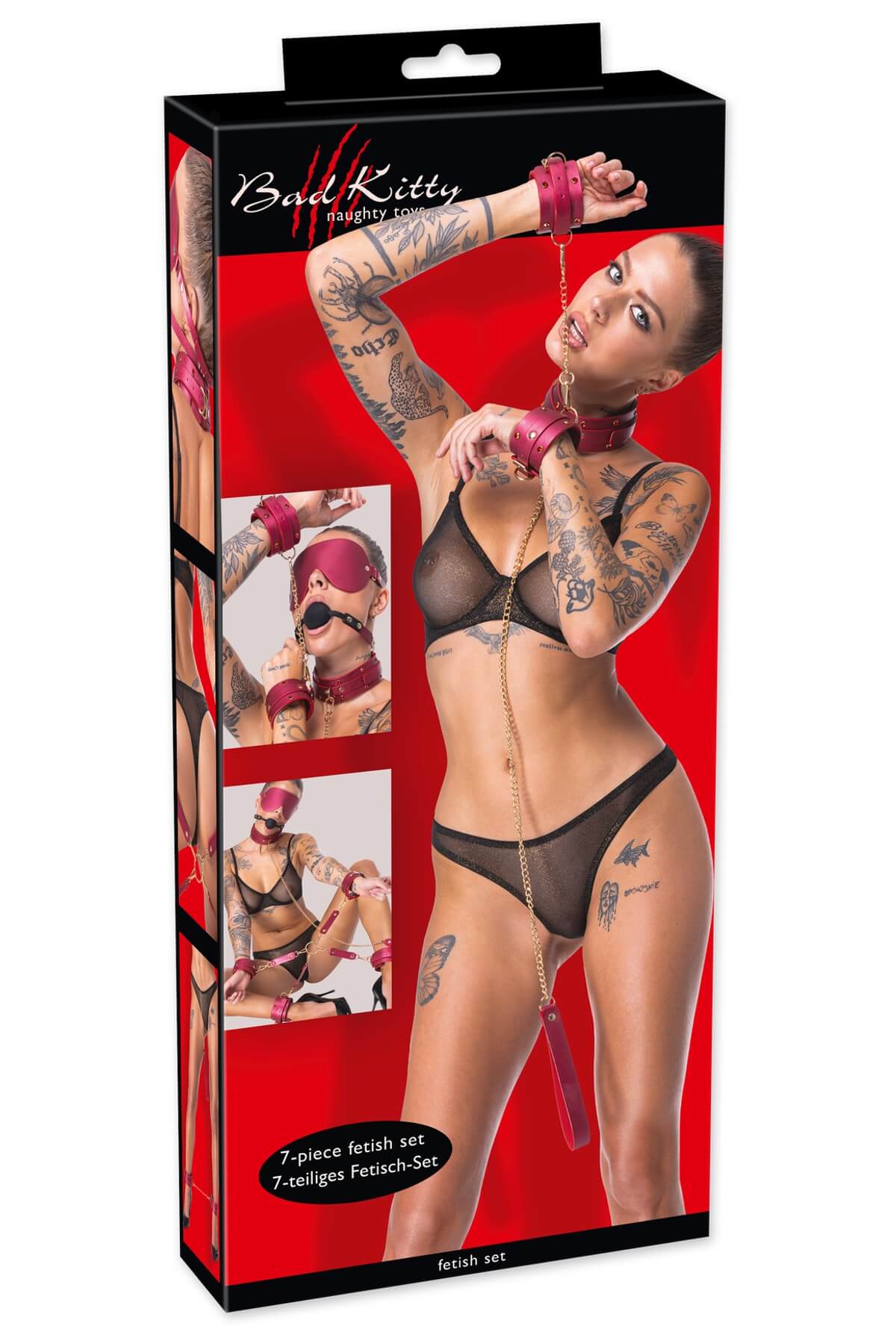 Set BDSM de lux Tie Me Down cu 6 accesorii fetiș - din piele vegană culoare neagra și perla roz cu accesorii aurii și ștrasuri - box