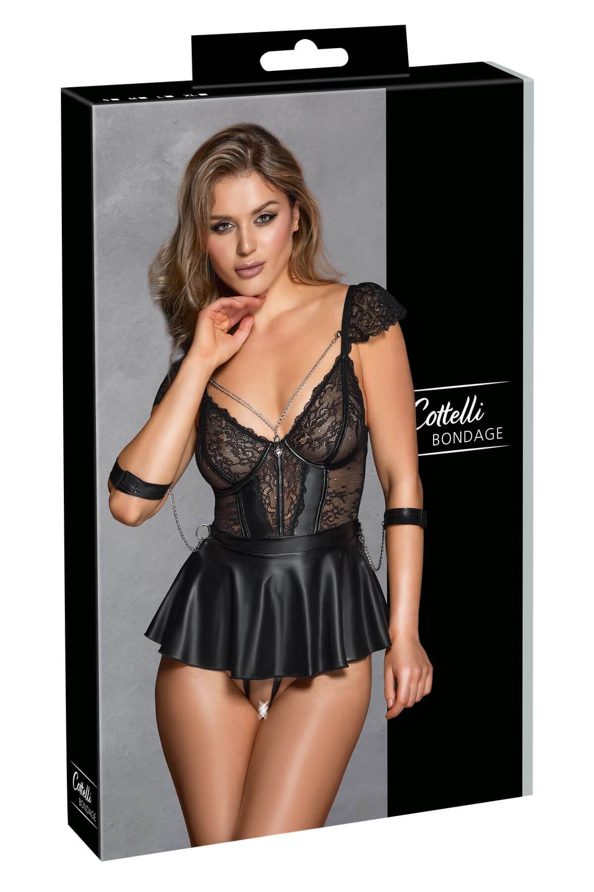 Set de lenjerie erotica de la Cottelli Bondage - Lula contine un babydoll, un chilot crotchless tanga si catuse moi creat din dantela delicata si material cu aspect mat, cu accesorii argintii -  box