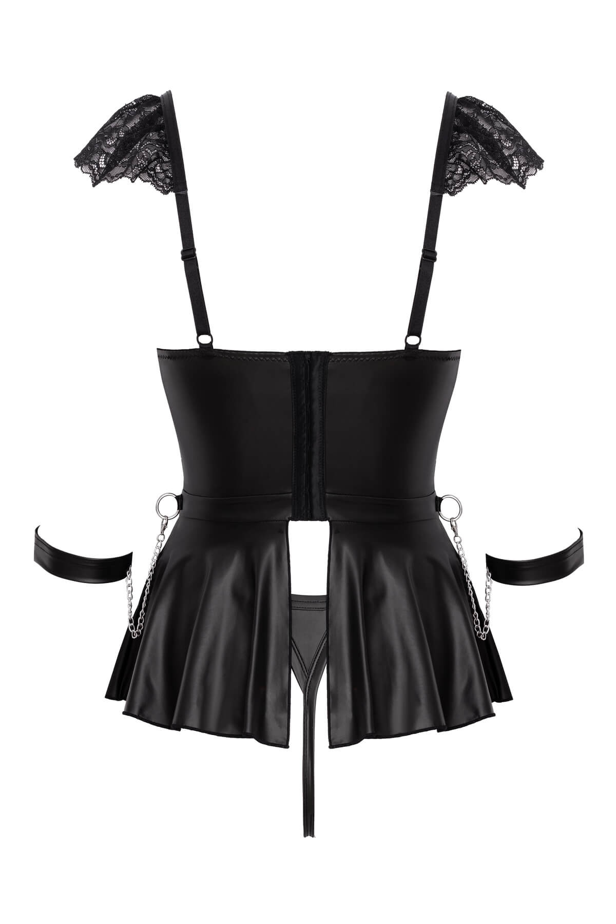 Set de lenjerie erotica de la Cottelli Bondage - Lula contine un babydoll, un chilot crotchless tanga si catuse moi creat din dantela delicata si material cu aspect mat, cu accesorii argintii -  ghost back