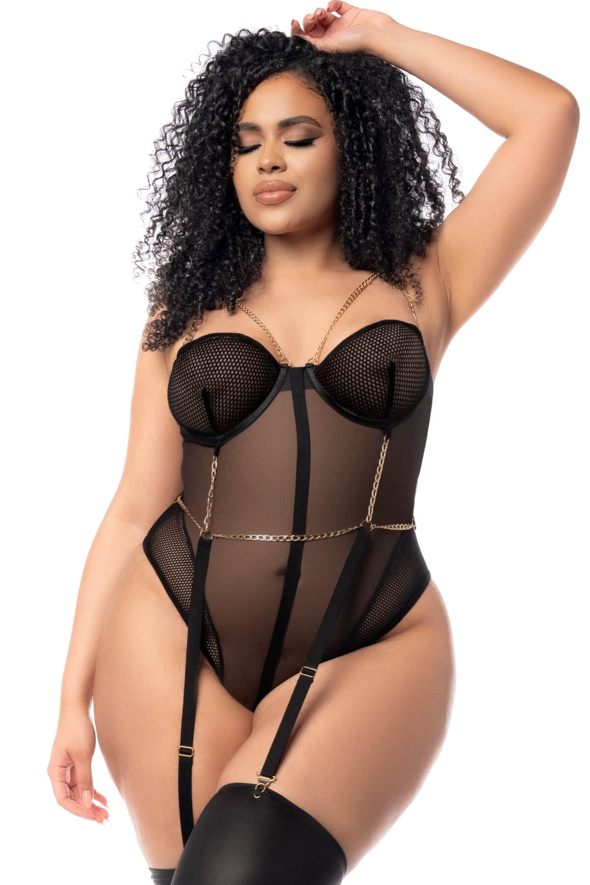 body sexy pentru femei in marimi mari din mesh negru transparent si portjartier cu lantisoare aurii, Maya