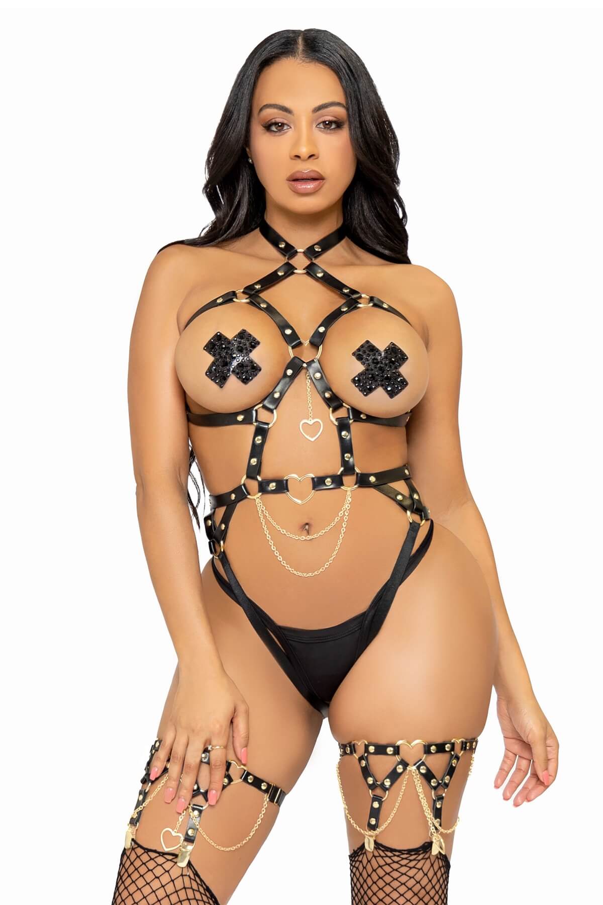 Body erotic de dama cu hamuri din piele vegana My Kind of Kink, Negru, Fata