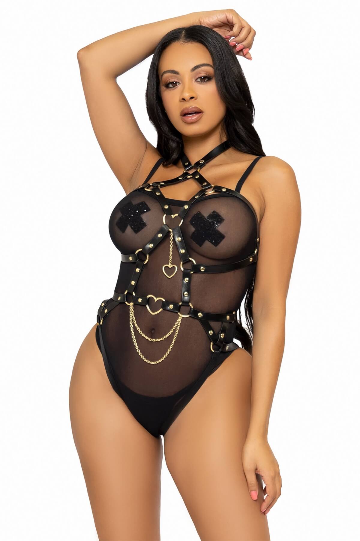 Body erotic de dama cu hamuri din piele vegana My Kind of Kink, Negru, cu body din plasa, Fata