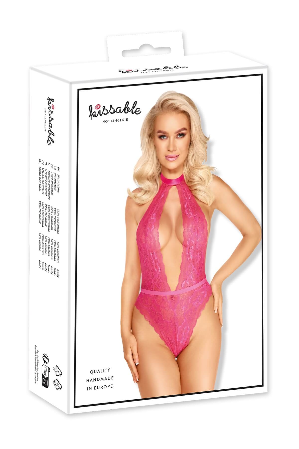 Body seducator de sexy din dantela roz cu guler halter si decolteu amplu, spatele gol - prins la talie cu snur satinat Anastasia - box