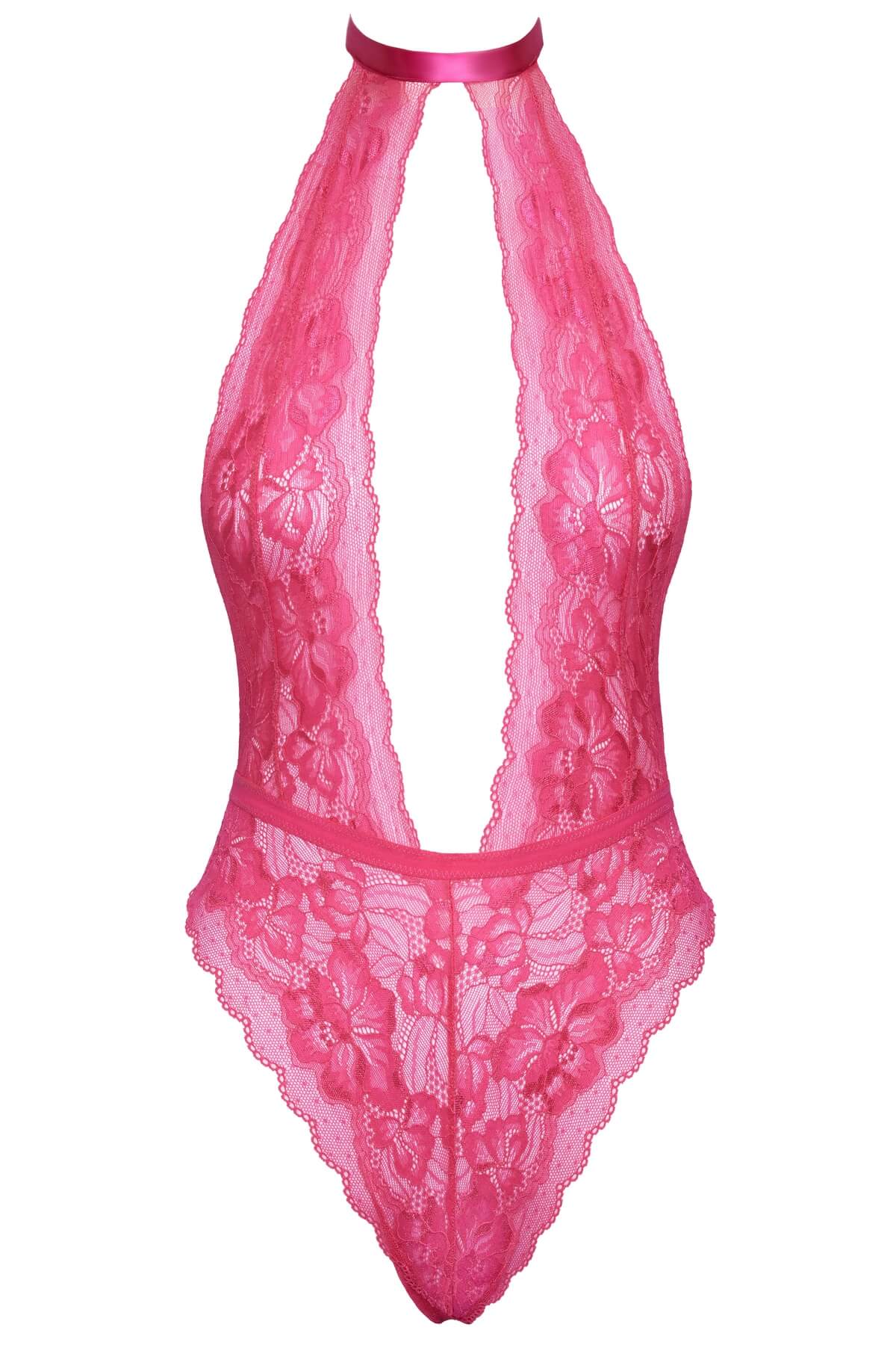 Body seducator de sexy din dantela roz cu guler halter si decolteu amplu, spatele gol - prins la talie cu snur satinat Anastasia - ghost photo front