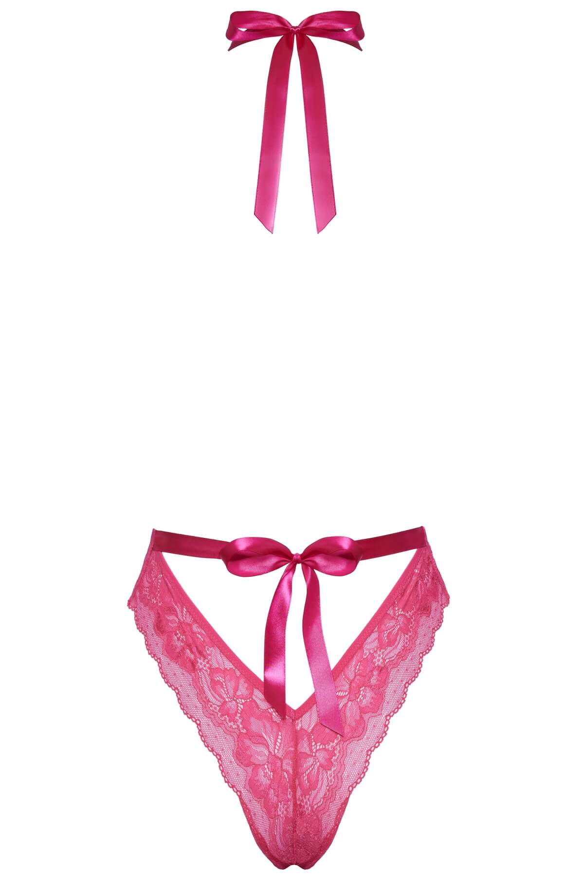 Body seducator de sexy din dantela roz cu guler halter si decolteu amplu, spatele gol - prins la talie cu snur satinat Anastasia - ghost photo back