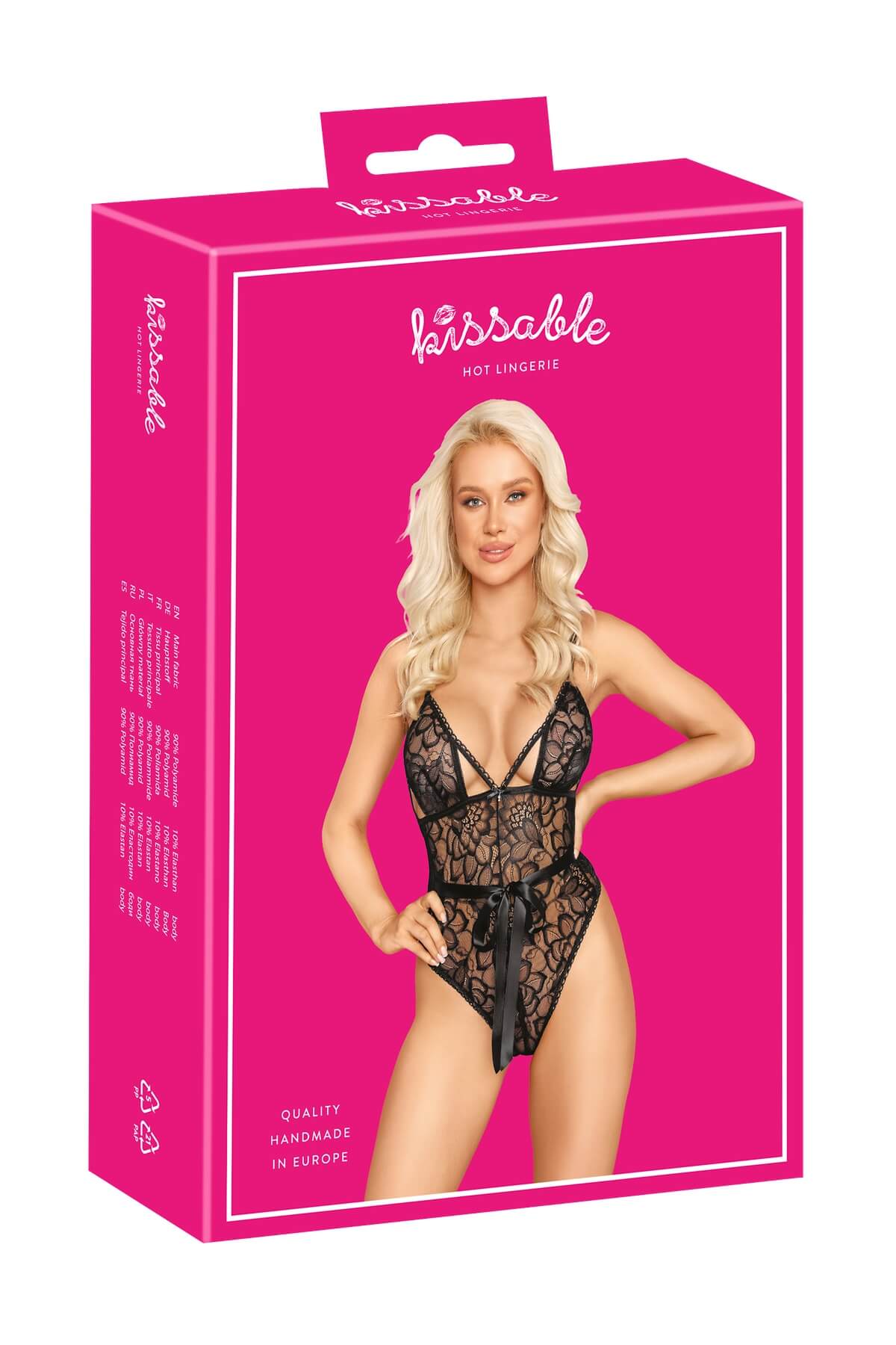 Body Kayla elegant si seducator din dantela neagra cu cupe decupate fara intaritura si cu snur satin in talie - box