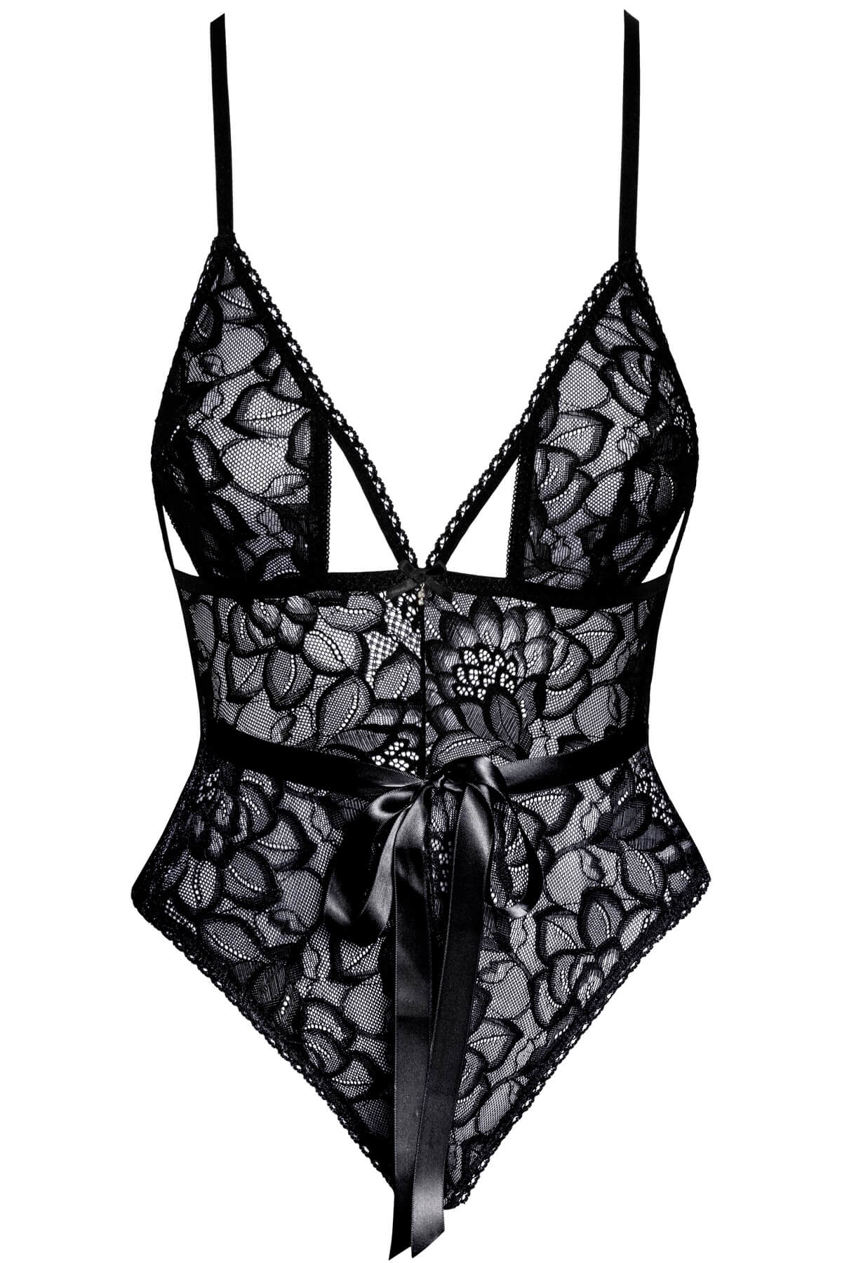 Body Kayla elegant si seducator din dantela neagra cu cupe decupate fara intaritura si cu snur satin in talie - ghost photo 1