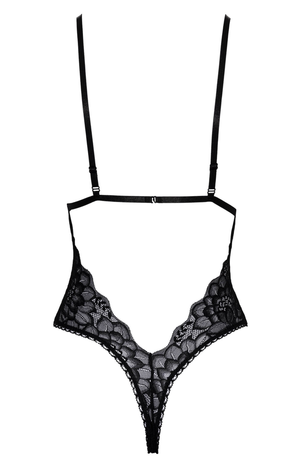 Body Kayla elegant si seducator din dantela neagra cu cupe decupate fara intaritura si cu snur satin in talie - ghost photo back