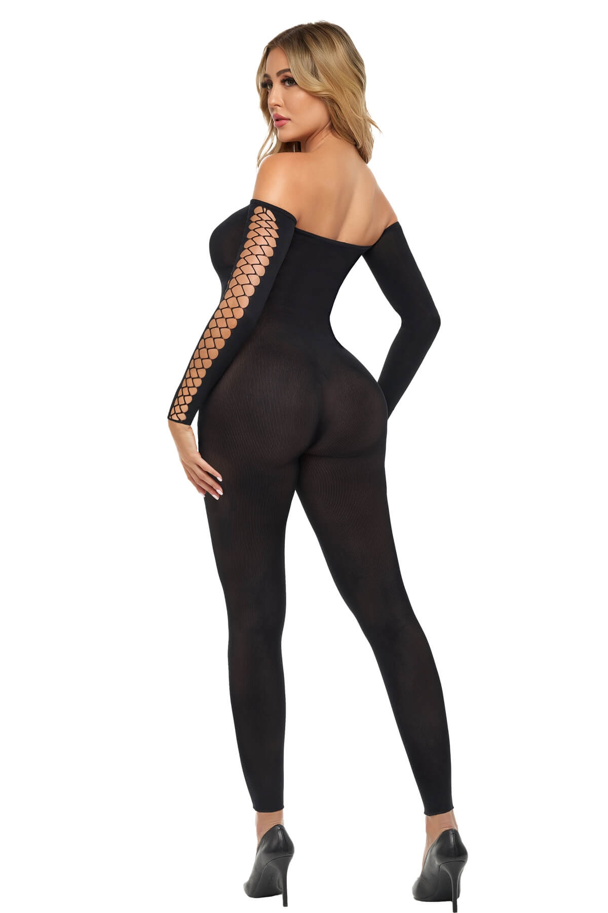 Catsuit din plasa elastica cu decupaje si umerii goi Boujee Gang, Negru - back